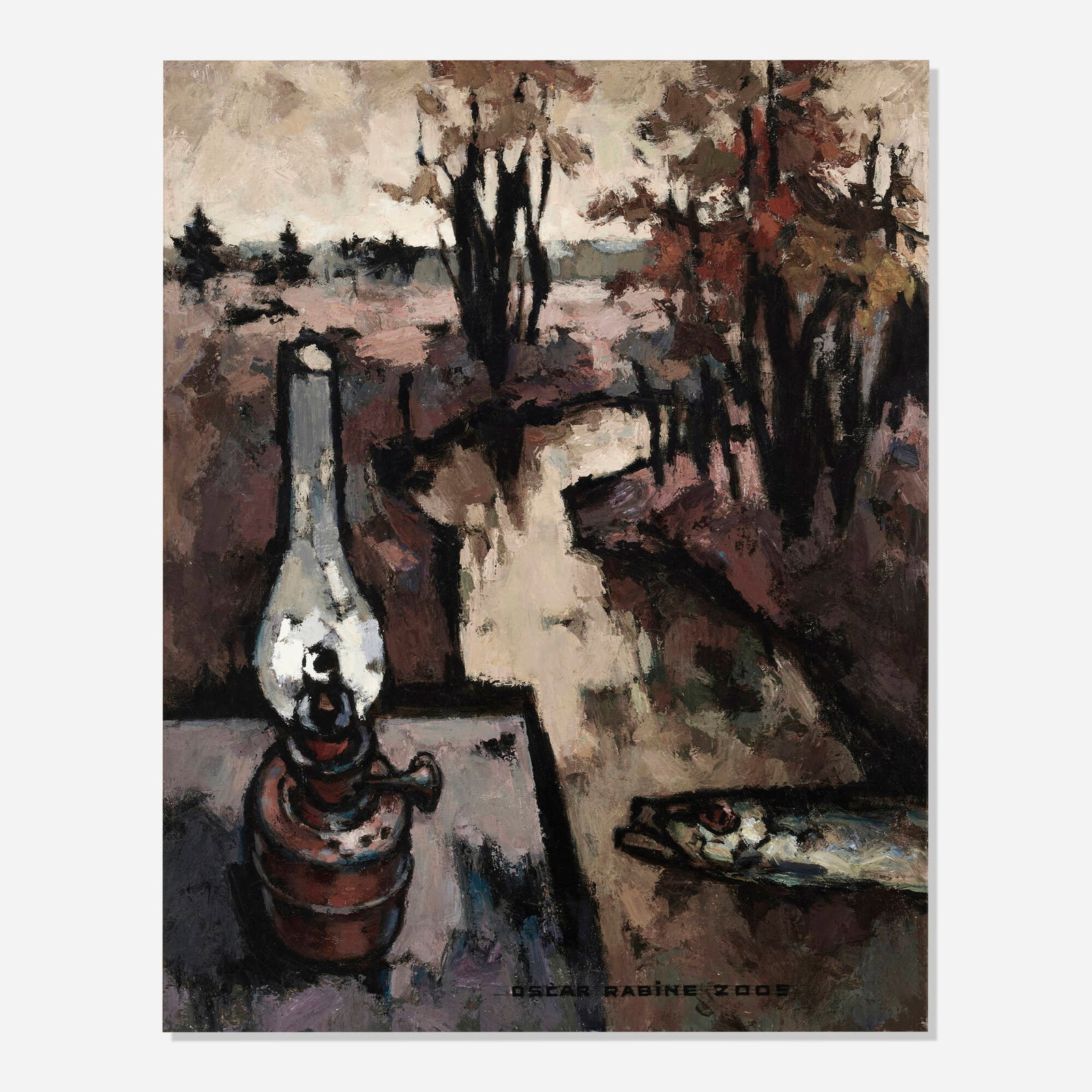 Oskar Rabine, Autumn Landscape with Lamp and Fish: Oskar Rabine Autumn Landscape with Lamp and Fish 2005 oil on canvas 36.5 h x 28.5 w in (93 x 72 cm) Signed and dated to lower edge 'Oscar Rabine 2005'. Titled in Cyrillic, dated, and