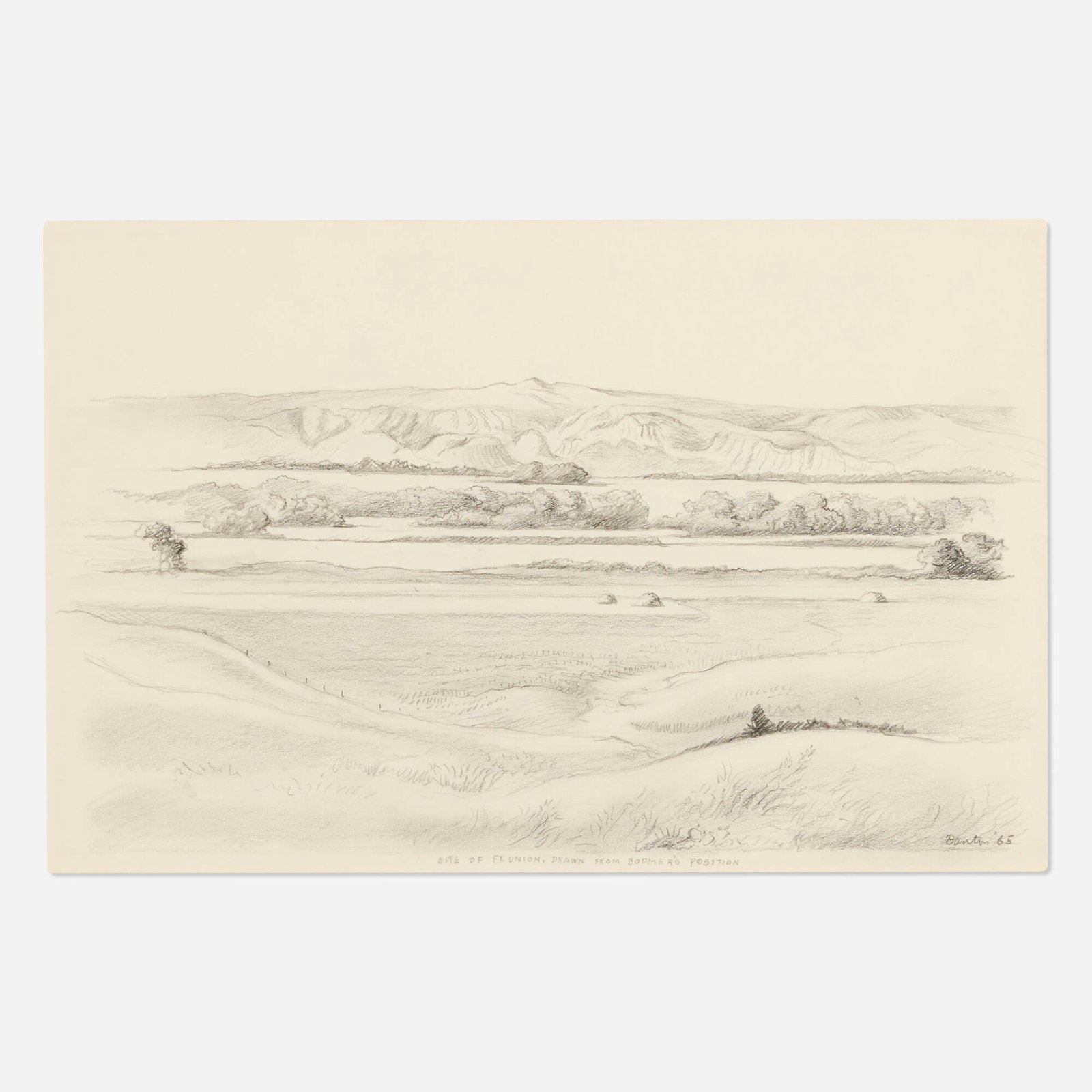 Thomas Hart Benton, Site of Fort Union, Drawn from Bodmer's Position: Thomas Hart Benton Site of Fort Union, Drawn from Bodmer's Position 1965 graphite on paper sight: 7.875 h x 12.25 w in (20 x 31 cm) Signed, titled and dated to lower edge 'Site of Fort Union, Drawn