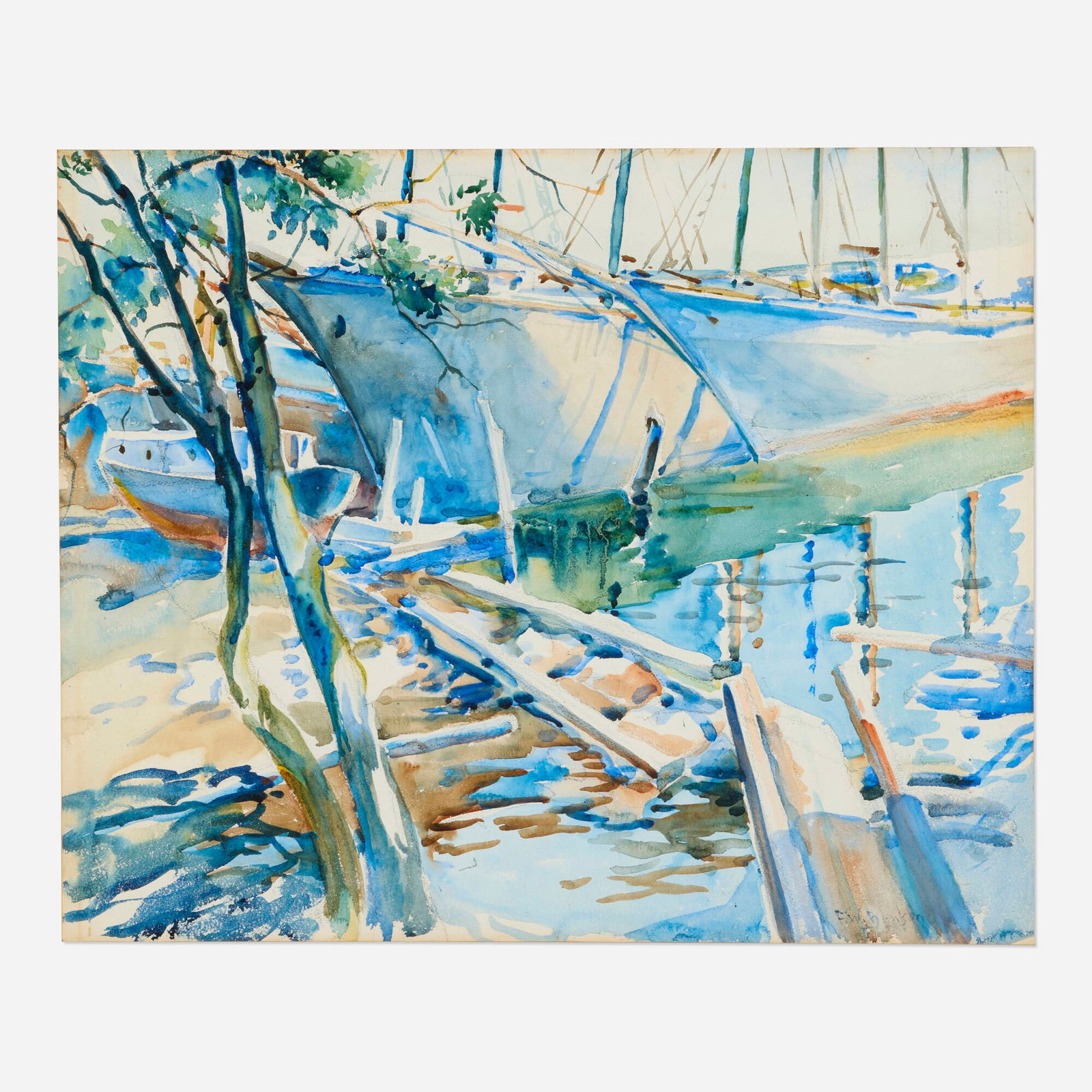 Frank Benson, Untitled: Frank Benson Untitled watercolor on paper 17.875 h x 22 w in (45 x 56 cm) Signed to lower right 'Frank Benson'. Signed and titled to verso 'Frank Benson Moore Boats'. This work will ship