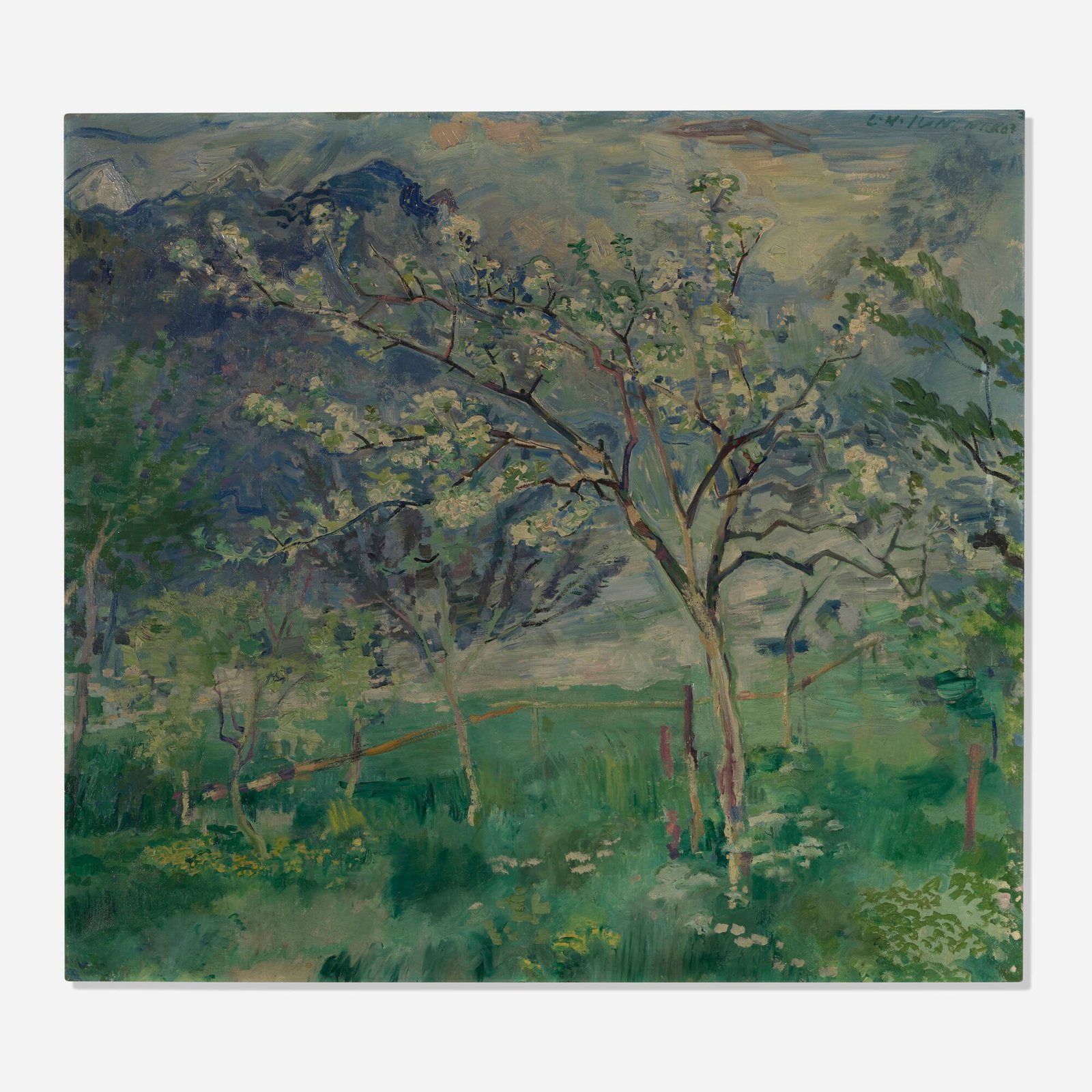 Ludwig Heinrich Jungnickel, Apple Tree in Flower: Ludwig Heinrich Jungnickel Apple Tree in Flower oil on canvas 29.625 h x 32.875 w in (75 x 84 cm) Signed to upper right 'L.H. Jungnickel'. Exhibited: Carnegie Institute, Pittsburgh | Venice Biennale,