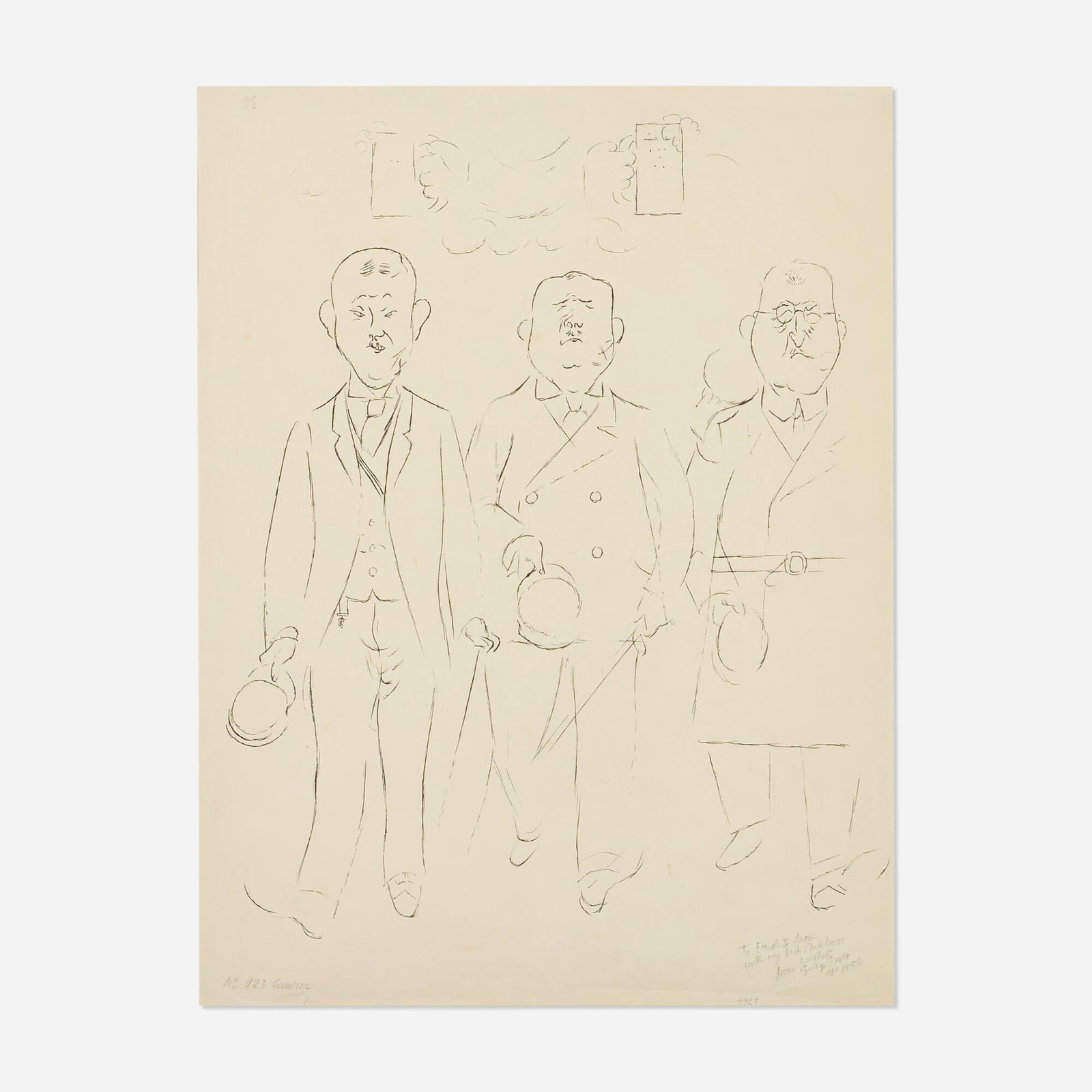 George Grosz, Drei alte Herren. Philisterium: George Grosz Drei alte Herren. Philisterium 1927 reed pen, pen and ink on paper 24.75 h x 19 w in (63 x 48 cm) Signed, titled, dated and inscribed to lower right 'No 123 Erich & Lena with my be