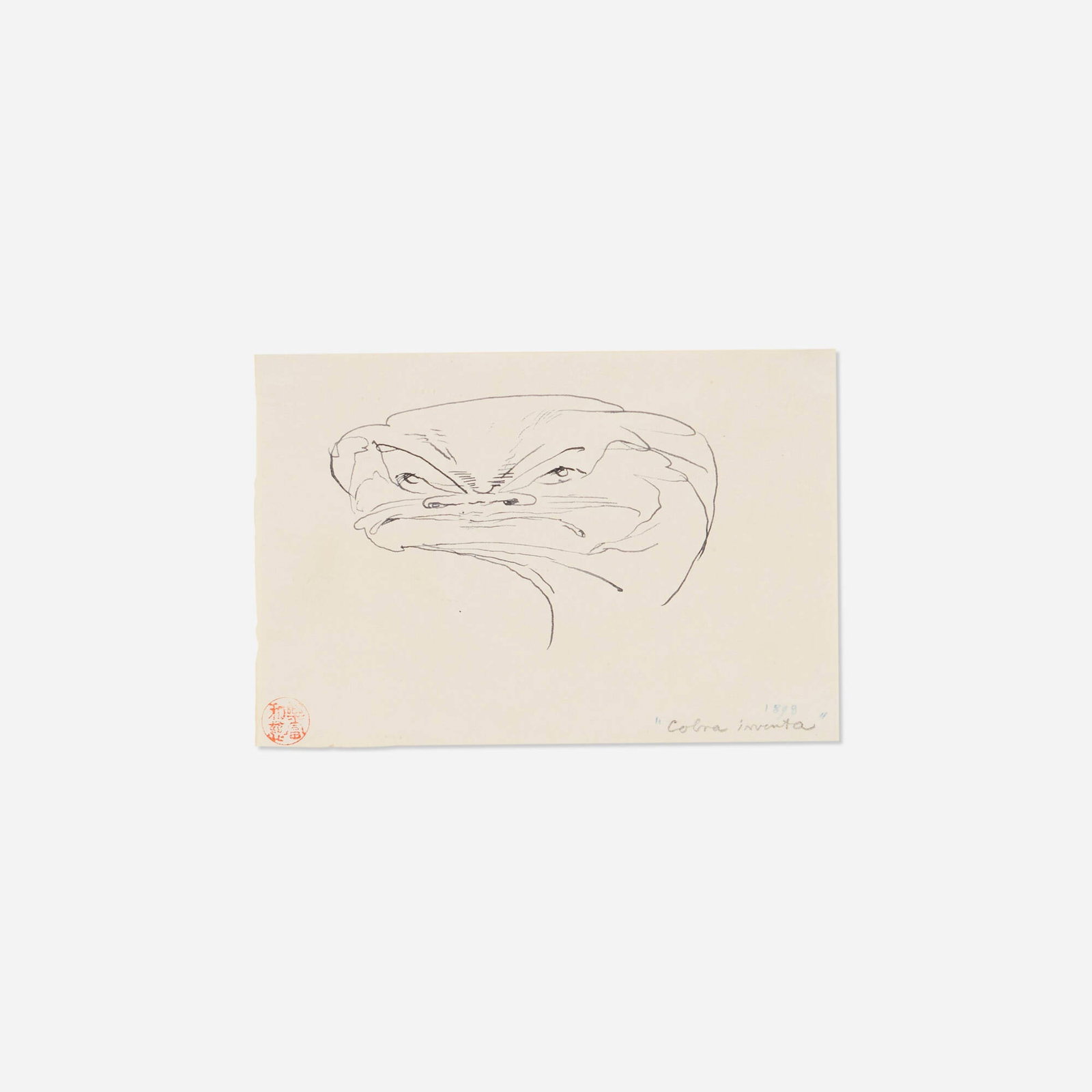 John La Farge, Cobra inventa: John La Farge Cobra inventa 1898 pen and ink on paper sight: 4 h x 6 w in (10 x 15 cm) Titled and dated to lower edge '1898 Cobra inventa' with chop mark. This work will ship from Lambertville, New