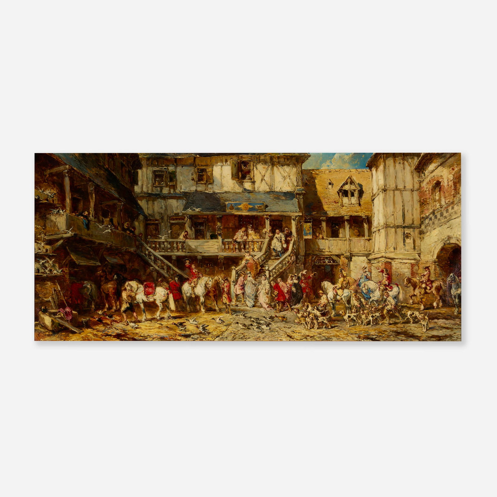 Eugene Isabey, L'auberge du soleil d'or (Retour de la chasse): Eugene Isabey L'auberge du soleil d'or (Retour de la chasse) 1876 oil on canvas 28 h x 61.5 w in (71 x 156 cm) Signed and dated to lower left 'E Isabey 76'. Provenance: