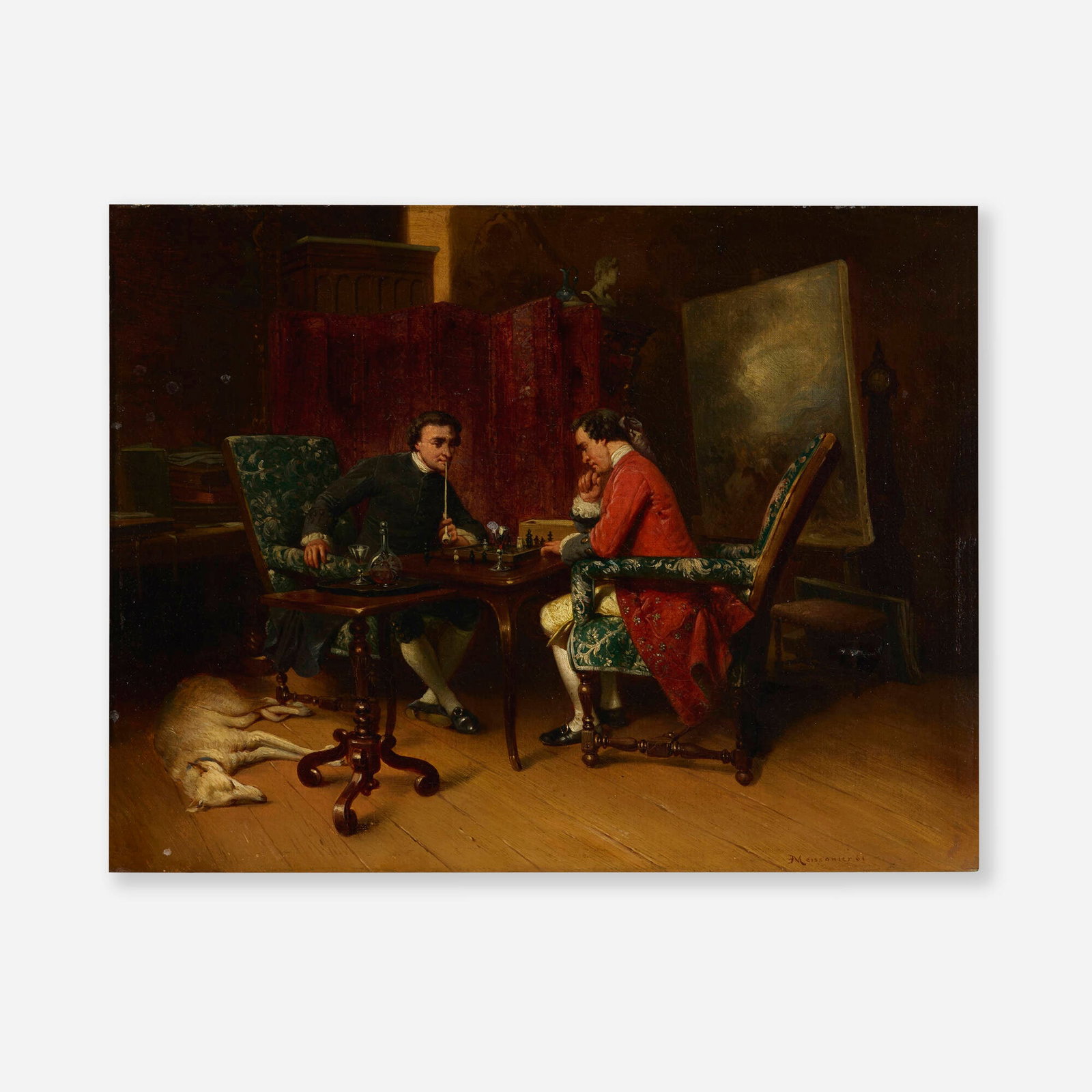 Jean-Louis-Ernest Meissonier, A Game of Chess: Jean-Louis-Ernest Meissonier A Game of Chess 1861 oil on canvas 11 h x 14 w in (28 x 36 cm) Signed and dated to lower right 'Meissonier 61'. Provenance: Christie's, Amsterdam, 19th
