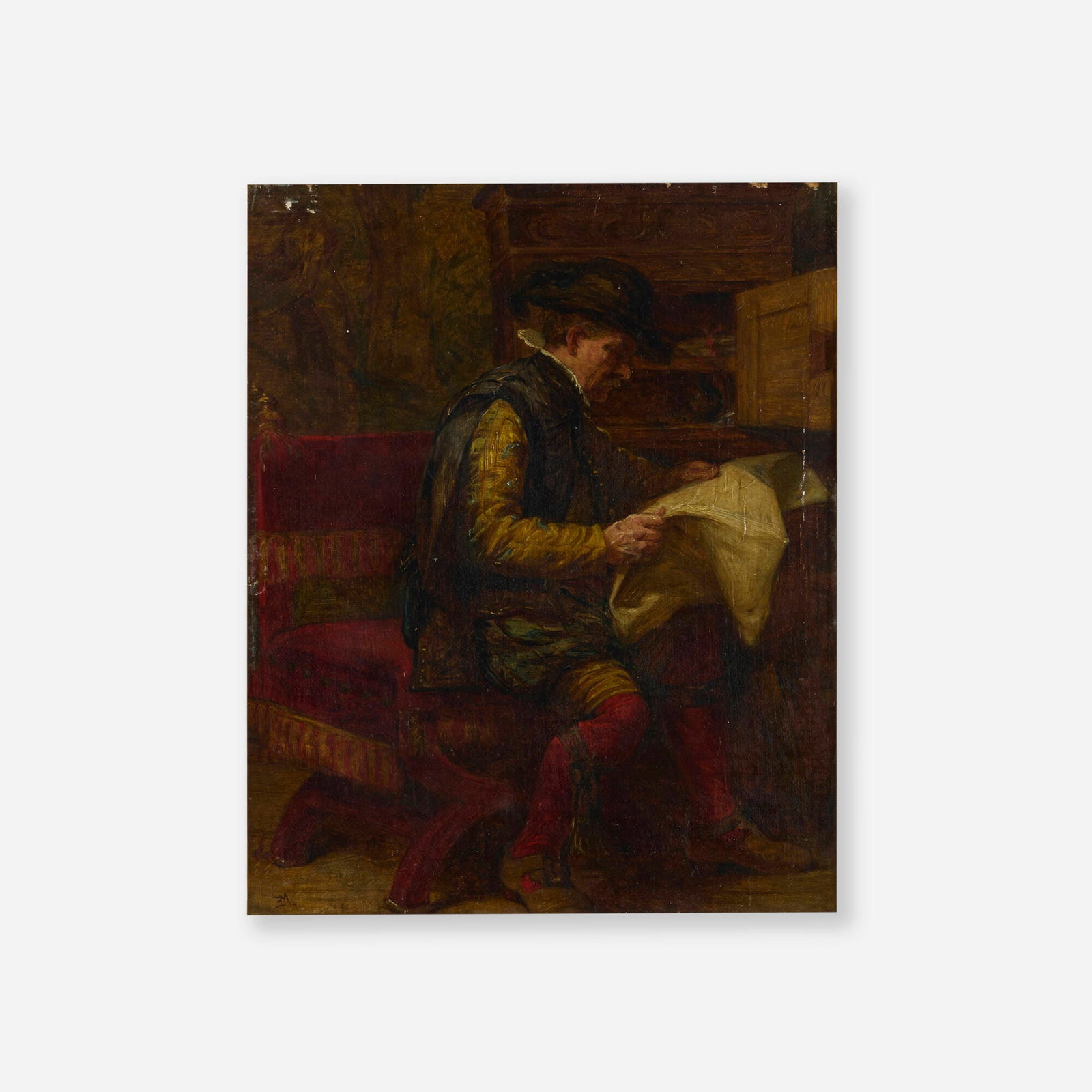 Jean-Louis-Ernest Meissonier, The Latest News: Jean-Louis-Ernest Meissonier The Latest News oil on canvas laid to board 11.5 h x 9.5 w in (29 x 24 cm) Signed to lower left 'JEM'. This work will ship from Lambertville, New Jersey.