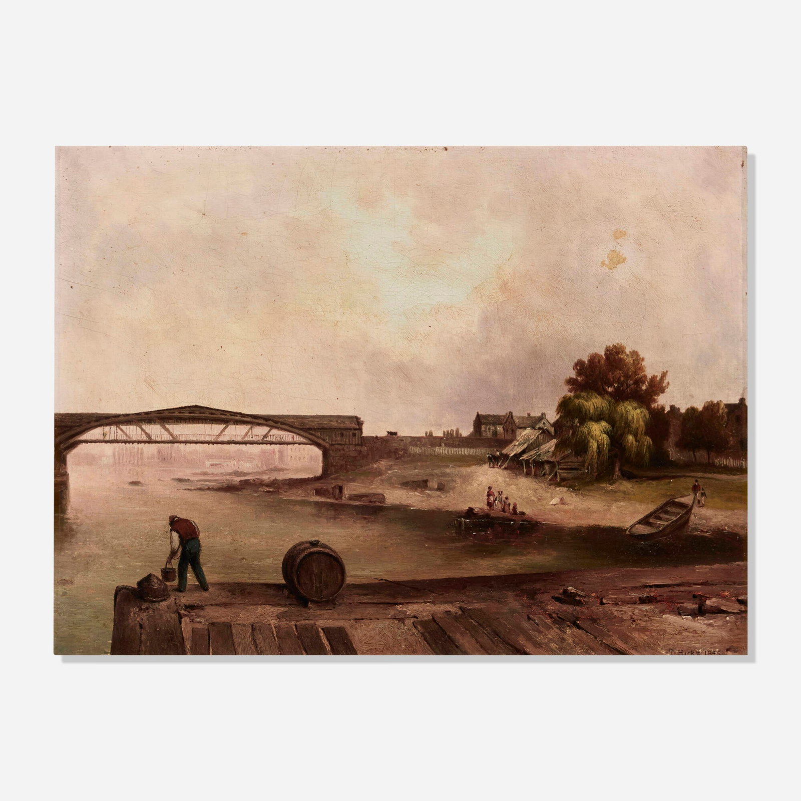 Thomas Hicks, Trenton Showing Bridge: Thomas Hicks Trenton Showing Bridge 1845 oil on canvas 12 h x 16.5 w in (30 x 42 cm) Signed and dated 'T. Hicks 1845'. Dated and titled to verso 'Trenton 1845 Showing Bridge'. This work will ship