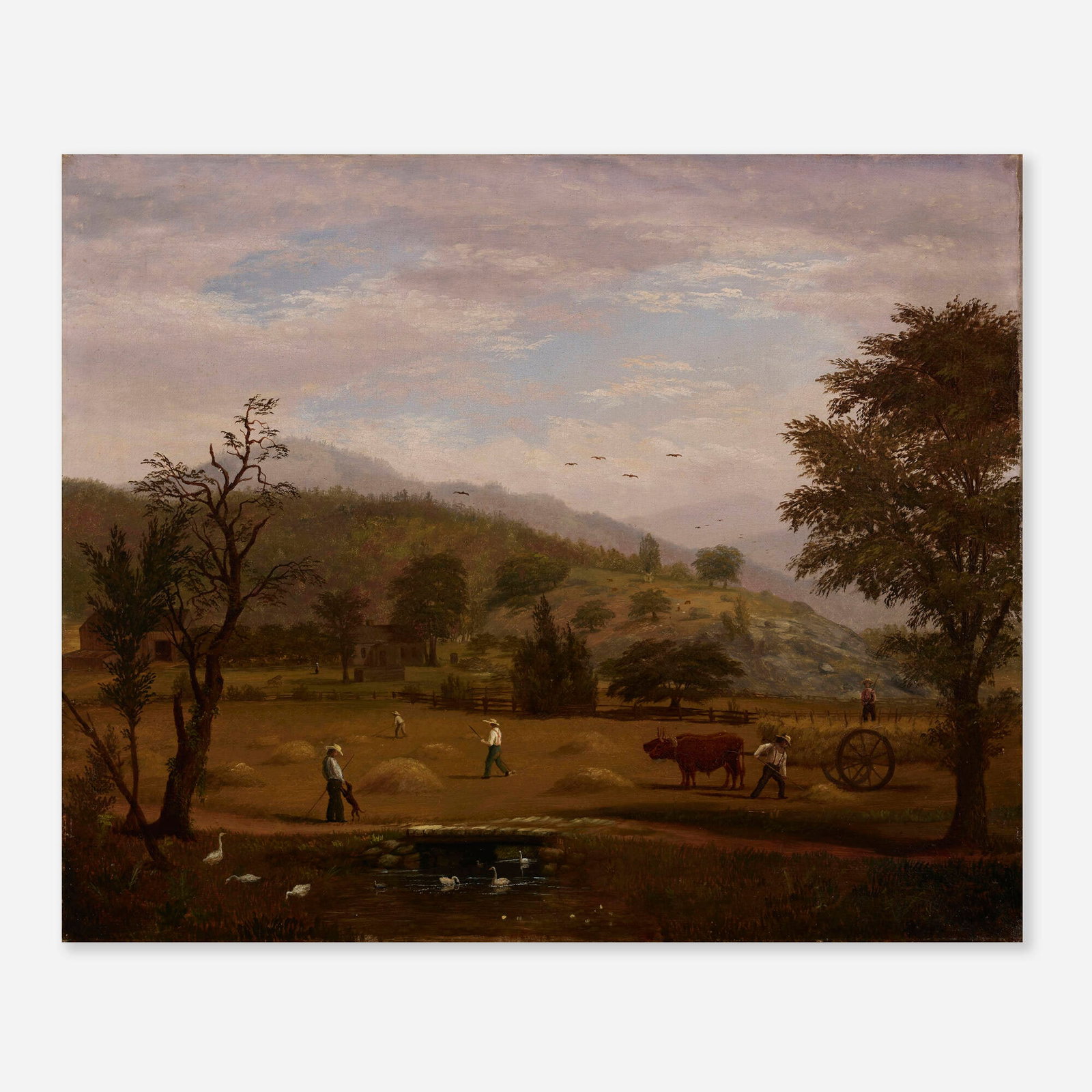 In the manner of George Durrie, Untitled (Haymaking): In the manner of George Durrie Untitled (Haymaking) oil on canvas 25 h x 30.25 w in (63 x 77 cm) This work will ship from Lambertville, New Jersey.