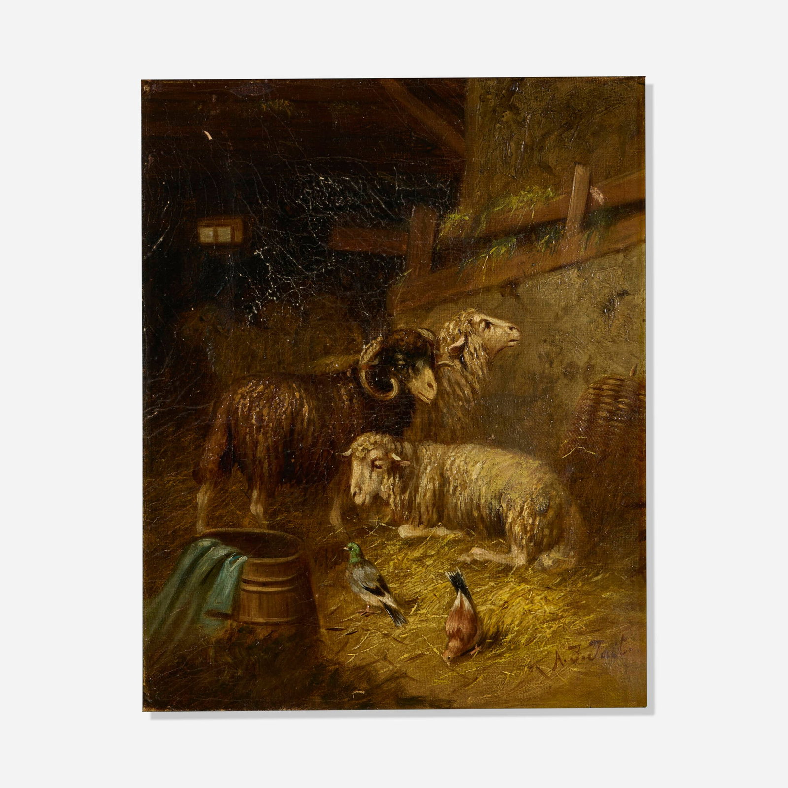 Arthur Fitzwilliam Tait, Sheep in Barn: Arthur Fitzwilliam Tait Sheep in Barn oil on canvas 11.25 h x 9.25 w in (29 x 23 cm) Signed to lower right 'A.F. Tait'. Provenance: Private Collection, Southold, NY This work will ship from
