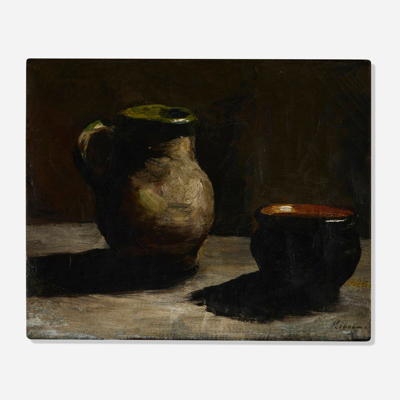 Theodule-Augustin Ribot, Nature morte: Theodule-Augustin Ribot Nature morte oil on canvas 8.5 h x 10.5 w in (22 x 27 cm) Signed to lower right 'Ribot'. This work will ship from Lambertville, New Jersey.