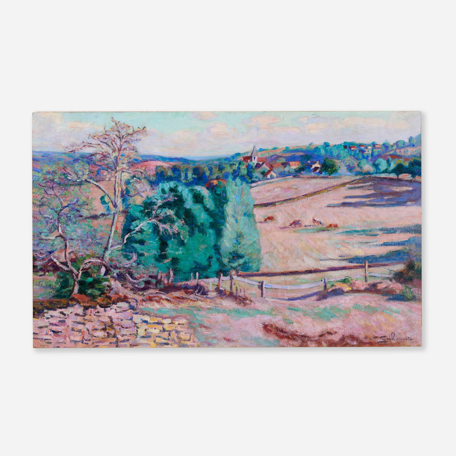 Armand Guillaumin, Le patruage des granges a Crozant: Armand Guillaumin Le patruage des granges a Crozant c. 1895 oil on canvas 19.75 h x 31.125 w in (50 x 79 cm) Signed to lower right 'Guillaumin'. This work will be included in the