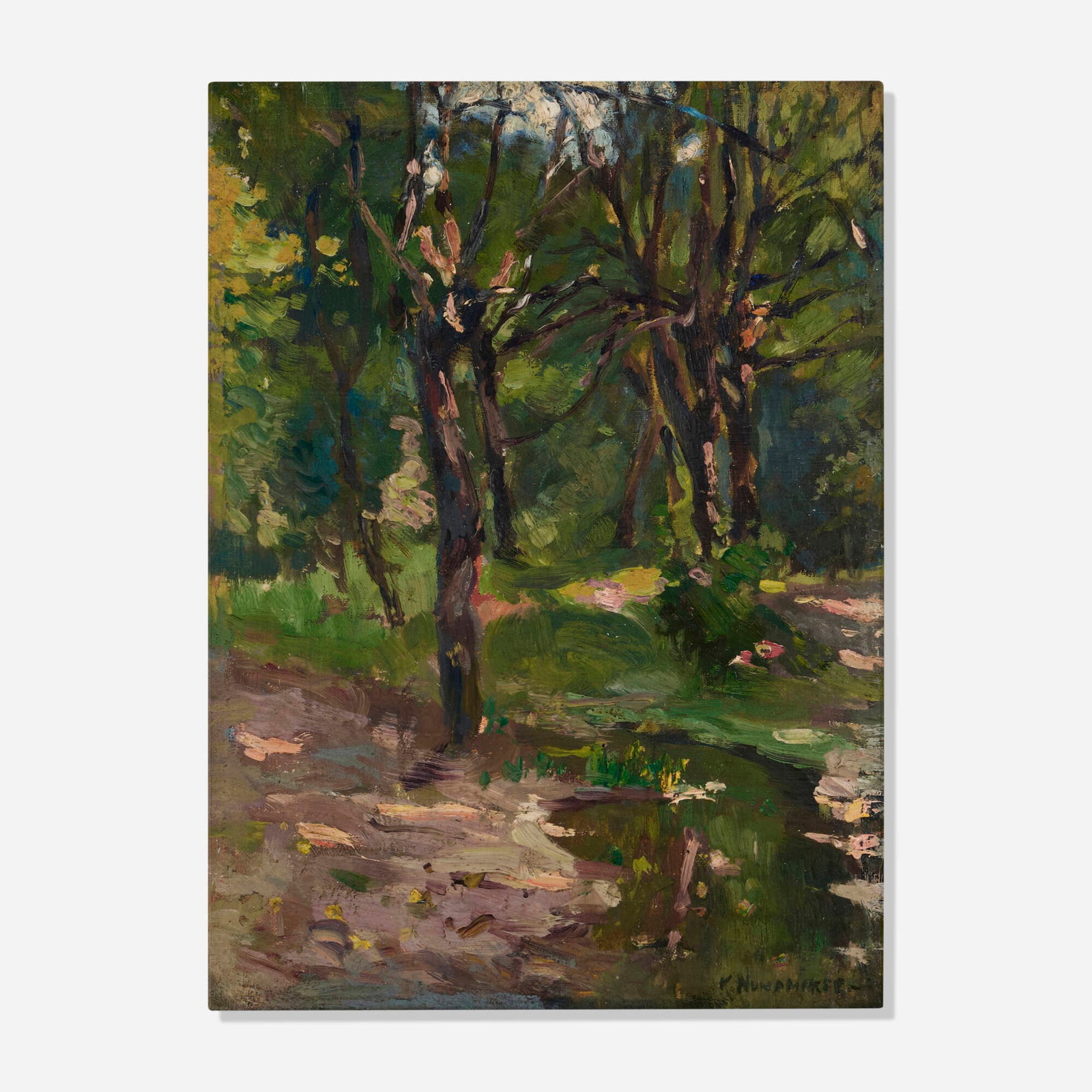 Kenneth R. Nunamaker, Untitled (Woodland Brook): Kenneth R. Nunamaker Untitled (Woodland Brook) oil on board 15 h x 11 w in (38 x 28 cm) Signed to lower right 'K Nunamaker'. This work will ship from Lambertville, New Jersey.