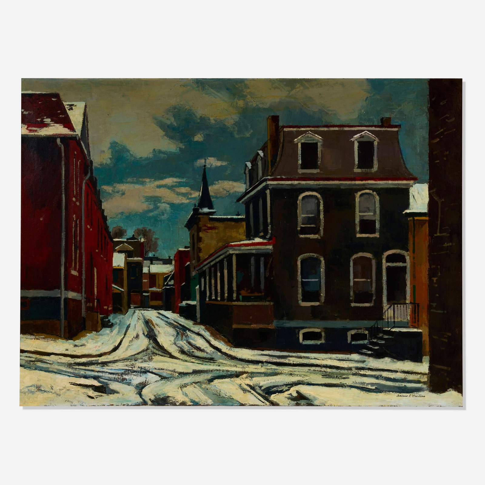 Antonio Pietro Martino, Untitled (Street Scene): Antonio Pietro Martino Untitled (Street Scene) oil on canvas 30 h x 40.25 w in (76 x 102 cm) Signed to lower right 'Antonio P. Martino'. This work will ship from Lambertville, New Jersey.