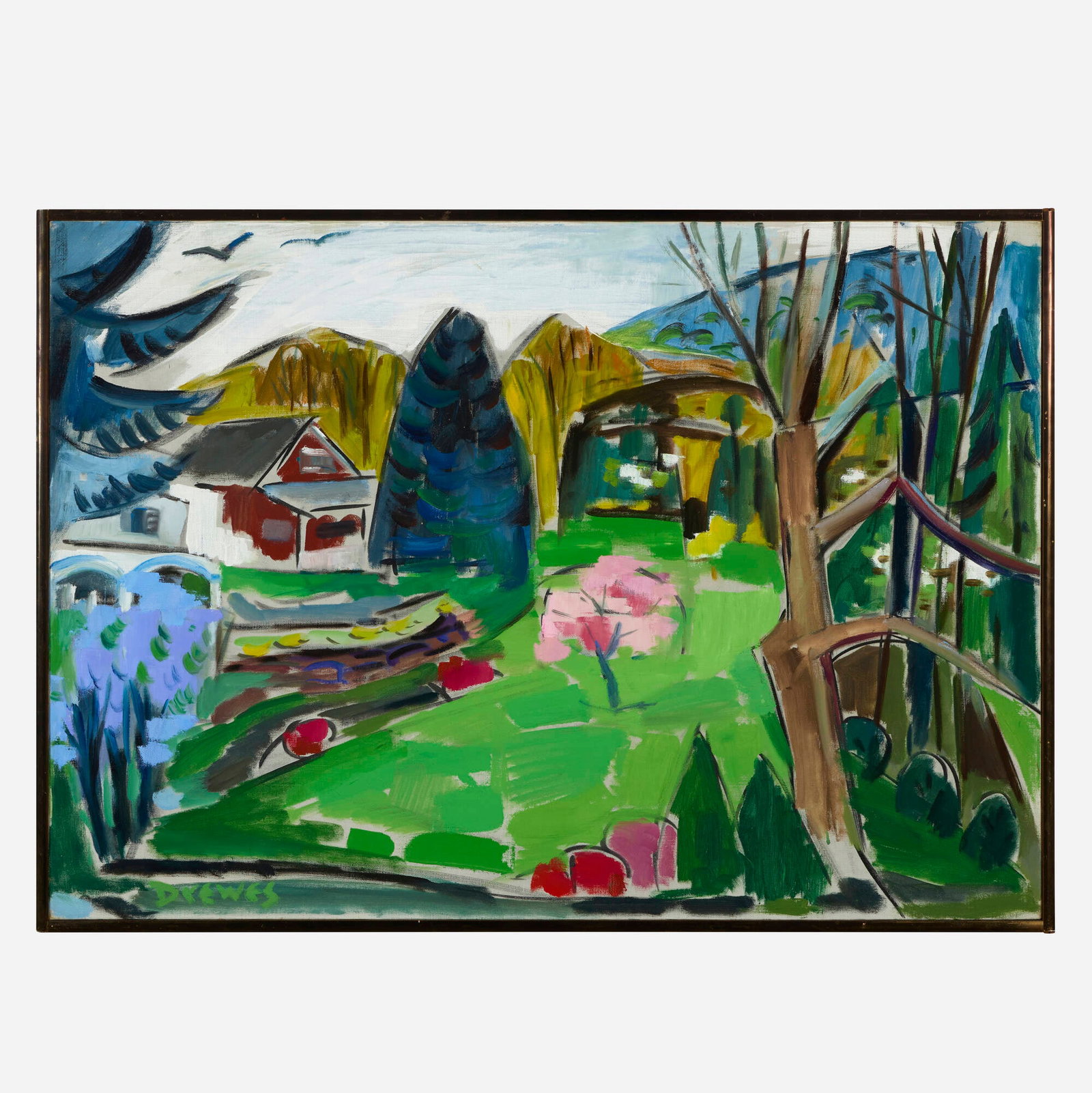 Werner Drewes, Garden with Lilac and Azalea in Bloom: Werner Drewes Garden with Lilac and Azalea in Bloom 1968 oil on canvas in artist's frame 24 h x 34 w in (61 x 86 cm) Signed to lower left 'Drewes'. Signed, titled and dated to verso &