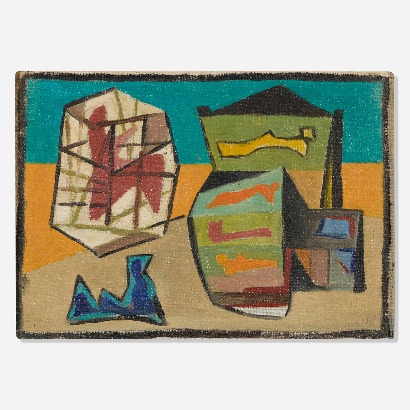Werner Drewes, Human Cocoons: Werner Drewes Human Cocoons 1946 oil on canvas 6.25 h x 8.375 w in (16 x 21 cm) Dated and inscribed to lower edge '#423A 46' with artist's symbol. This work is registered with th