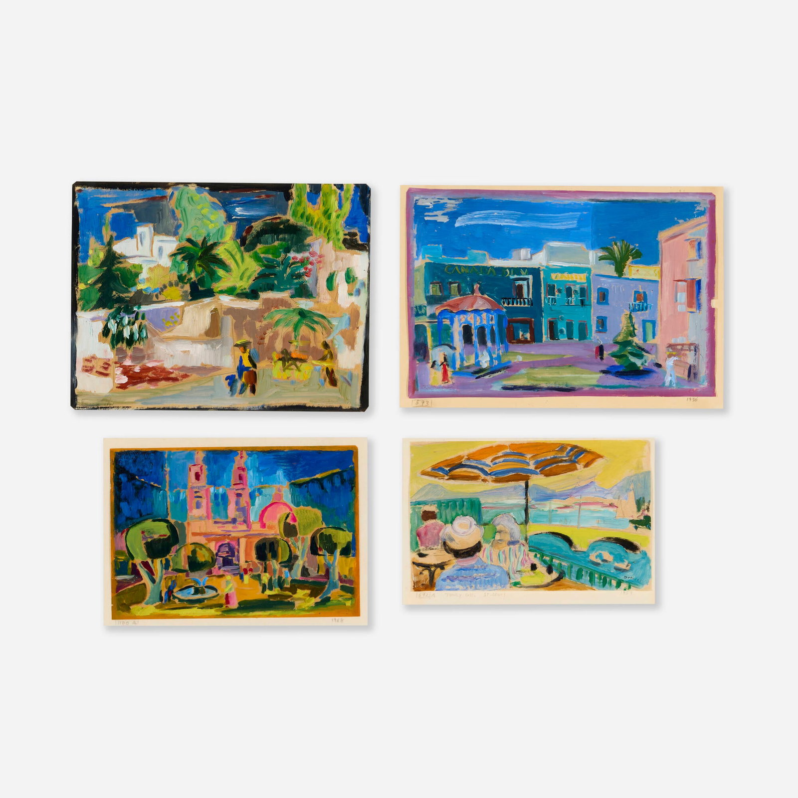 Werner Drewes, Four works: Werner Drewes Four works 1950-68 oil on vellum sheet (largest): 10.75 h x 13.875 w in (27 x 35 cm) sheet (smallest): 9.25 h x 11.75 w in (23 x 30 cm) Lot includes Tropical City Scene
