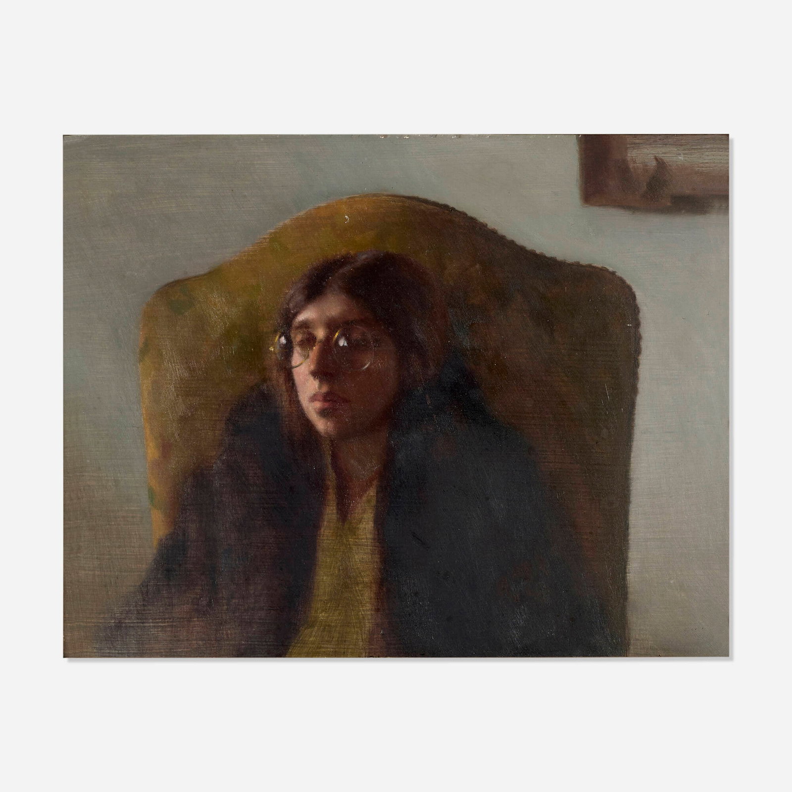 Nelson Shanks, Portrait of Susan Handel: Nelson Shanks Portrait of Susan Handel 1970 oil on panel 7.875 h x 9.875 w in (20 x 25 cm) Signed, titled, dated, and inscribed to verso 'Nelson Shanks New Hope Portrait of Susan Handel 19
