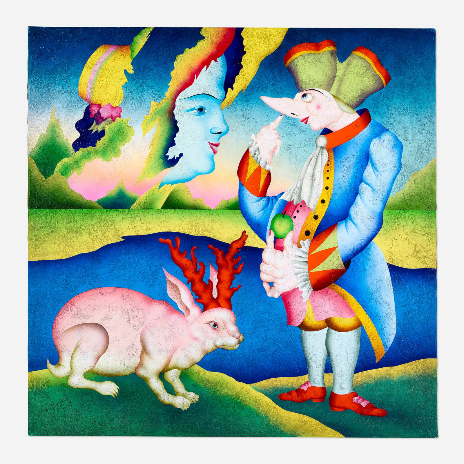 Mihail Chemiakin, Gardeners: Mihail Chemiakin Gardeners 1997 oil on canvas 40 h x 40 w in (102 x 102 cm) Signed and dated to lower left 'M. Chemiakin 1997'. Signed, dated, and inscribed in Cyrillic to verso 'M.