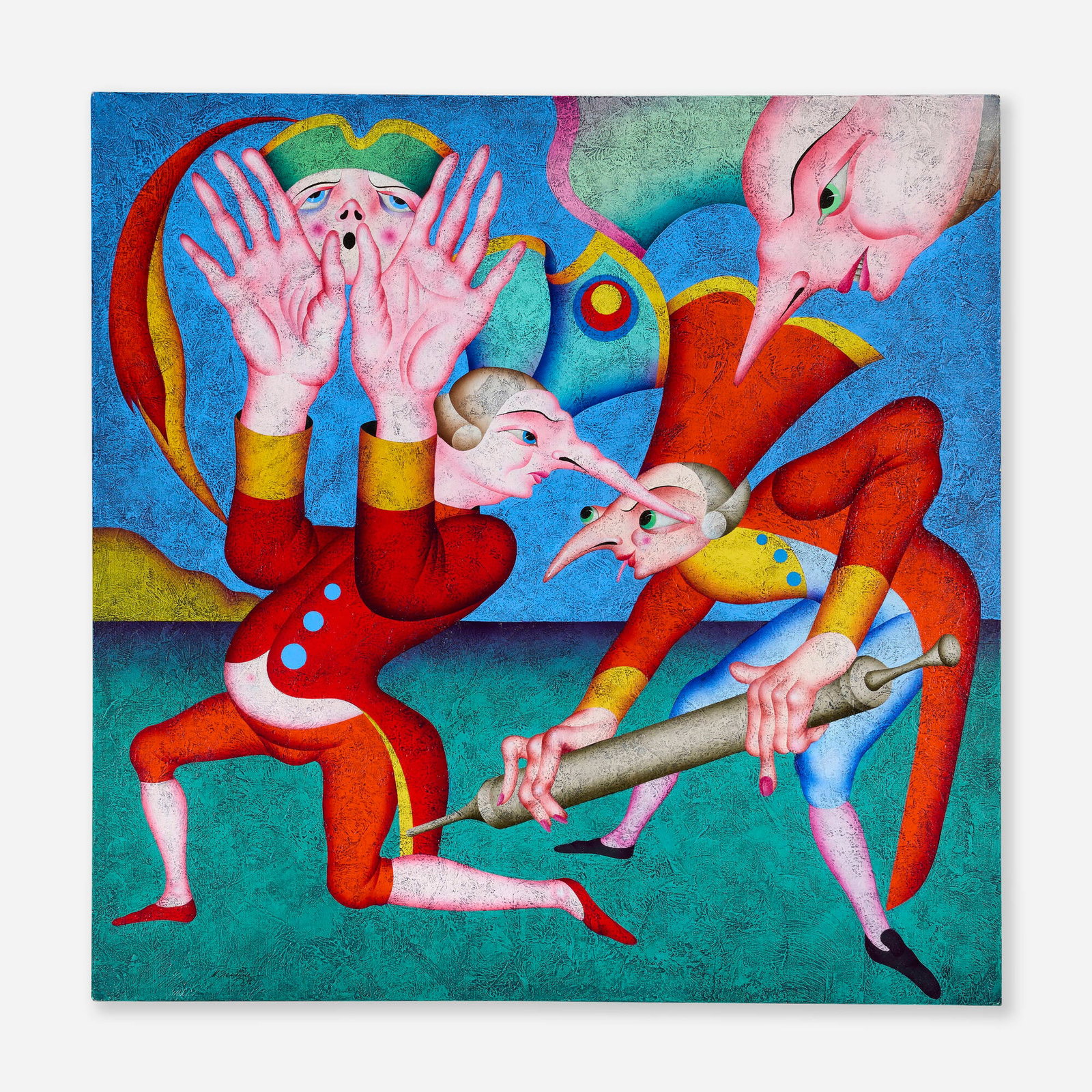 Mihail Chemiakin, Carnival at St. Petersburg: Mihail Chemiakin Carnival at St. Petersburg 1998 oil on canvas 45 h x 45 w in (114 x 114 cm) Signed and dated to lower left 'M. Chemiakin 98'. Signed, dated, and inscribed in Russian to