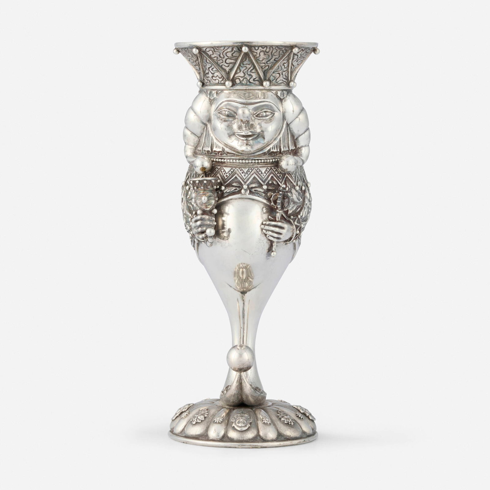 Mihail Chemiakin, Petrushka: Mihail Chemiakin Petrushka sterling silver parcel-gilt 10.5 h x 4 dia in (27 x 10 cm) Impressed manufacturer's mark to underside 'MAS Sterling' with hallmark. This work will ship from