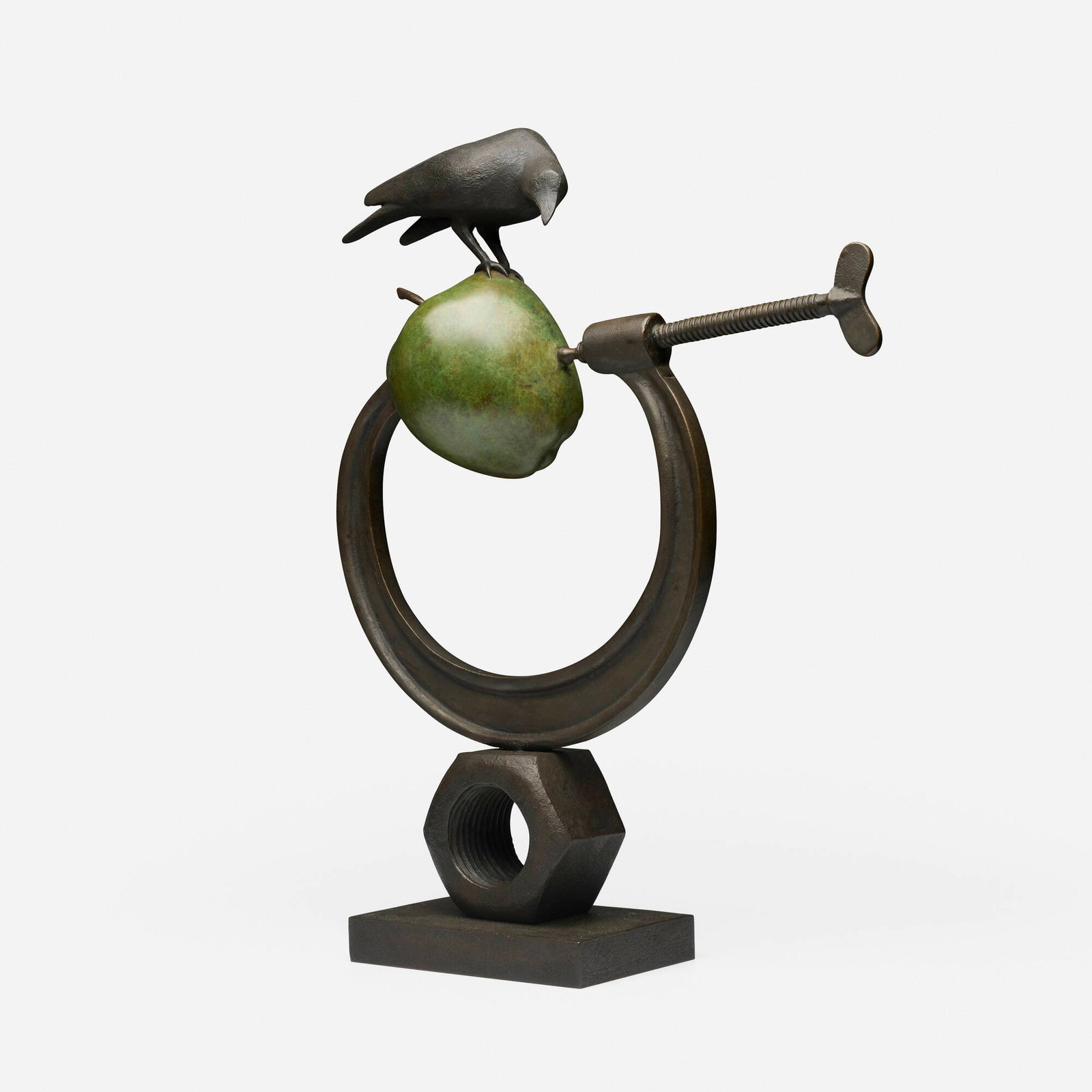 Peter Woytuk, Apple and Clamp with Crow: Peter Woytuk Apple and Clamp with Crow 2011 patinated bronze 20.5 h x 16.375 w x 5 d in (52 x 42 x 13 cm) Incised signature to underside of bird 'Woytuk'. Incised signature, date, and
