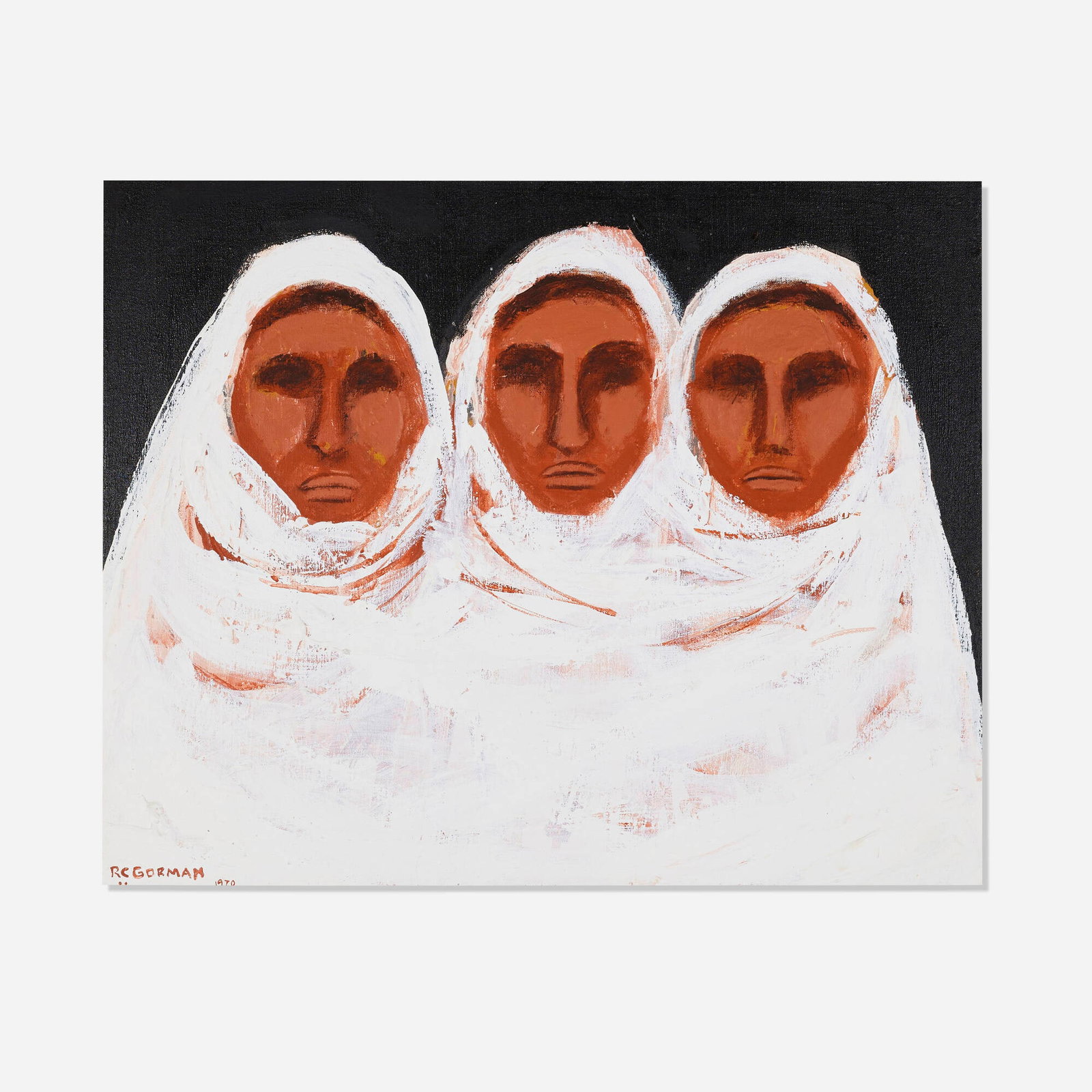 R.C. Gorman, Study for Three Taos Men: R.C. Gorman Study for Three Taos Men 1970 acrylic on canvas 24 h x 30 w in (61 x 76 cm) Signed and dated to lower left 'RC Gorman 1970'. Provenance: Private Collection This work will ship from Los