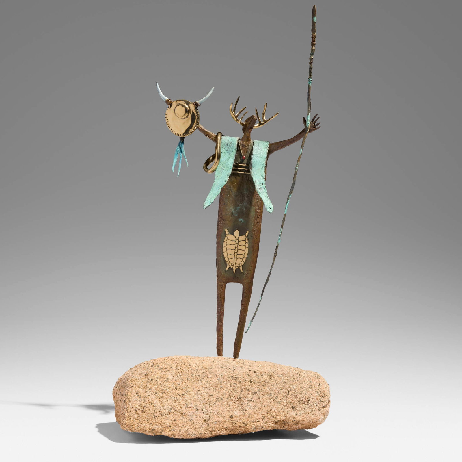 Bill Worrell, The Mediator to the People: Bill Worrell The Mediator to the People 2005 patinated bronze, stone 17.625 h x 9.5 w x 7.5 d in (45 x 24 x 19 cm) Incised signature, date and number to leg '? Worrell 04/24/05 41/50 2:14 PM'.