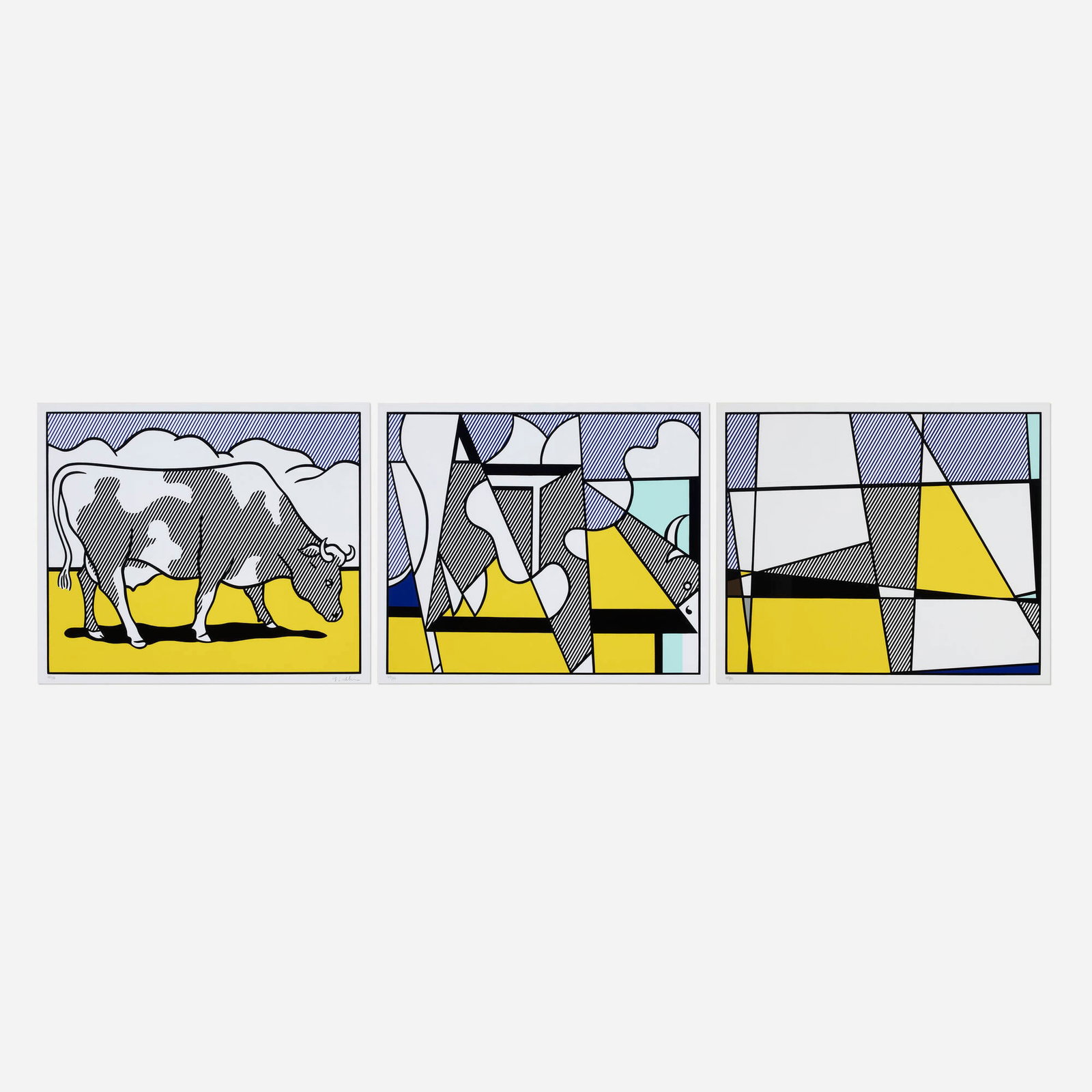 Roy Lichtenstein, Cow Triptych (Cow Going Abstract): Roy Lichtenstein Cow Triptych (Cow Going Abstract) 1982 screenprint in colors image (each): 23.625 h x 28.25 w in (60 x 72 cm) sheet (each): 25.58 h x 30.38 w in (65 x 77 cm) Signed to lower right of