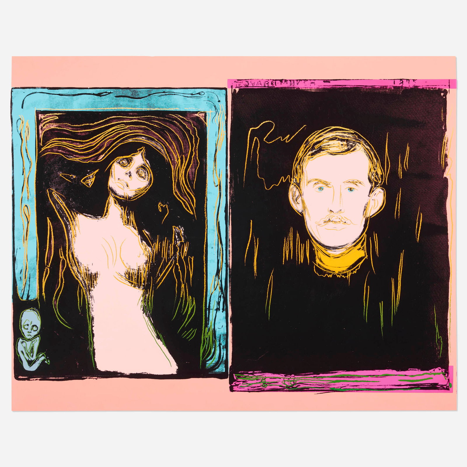 Andy Warhol, Madonna and Self-portrait with Skeleton's Arm (After Munch): Andy Warhol Madonna and Self-portrait with Skeleton's Arm (After Munch) 1984 screenprint in colors on Lenox Museum Board image: 31.75 h x 39.75 w in (81 x 101 cm) sheet: 32 h x 40 w in (81 x 102 cm)