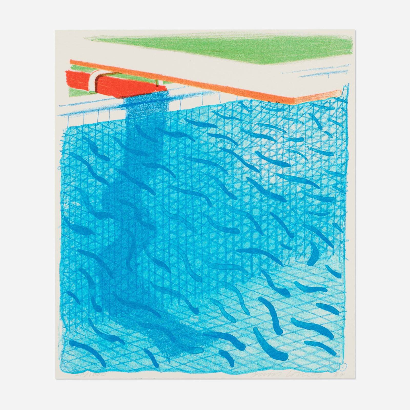 David Hockney, Pool Made with Paper and Blue Ink for Book: David Hockney Pool Made with Paper and Blue Ink for Book 1980 lithograph in colors on Arches Cover mould-made image: 10.25 h x 8.75 w in (26 x 22 cm) sheet: 10.5 h x 9 w in (27 x 23 cm) Signed,