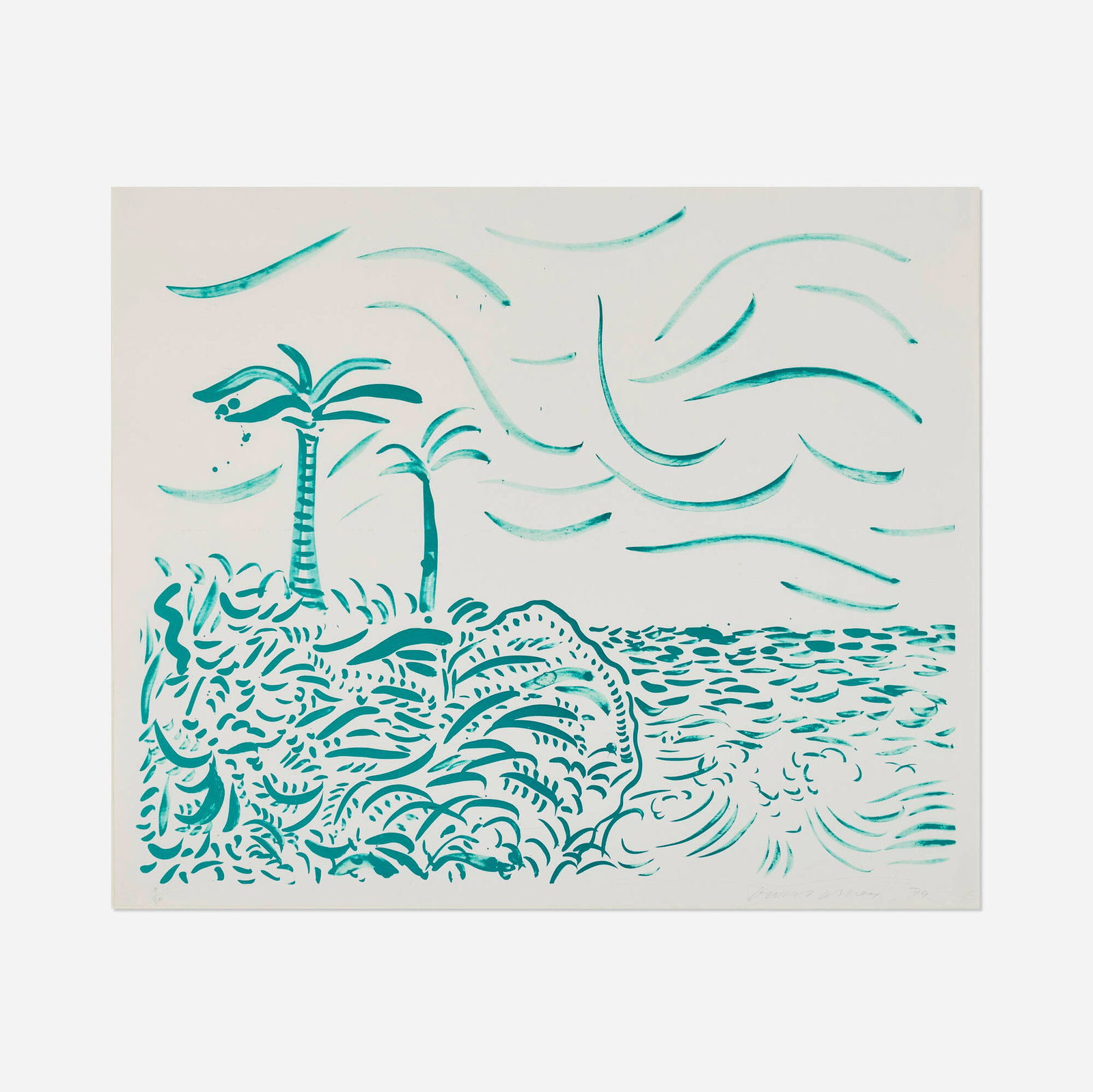 David Hockney, Green Bora Bora: David Hockney Green Bora Bora 1979 lithograph on BFK Rives image: 32.5 h x 39.5 w in (83 x 100 cm) sheet: 35 h x 42 w in (89 x 107 cm) Signed, dated, and numbered to lower edge '9/50 Da