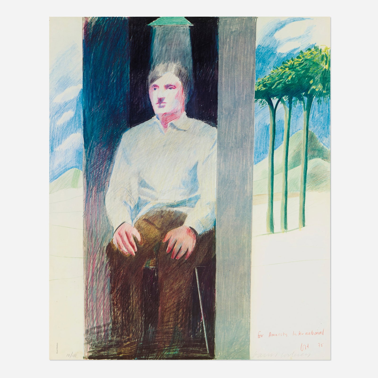 David Hockney, Prisoner, for Amnesty International: David Hockney Prisoner, for Amnesty International 1975 / 1977 offset lithograph in colors 28.875 h x 23.625 w in (73 x 60 cm) Proceeds from this sale will benefit The Kota Alliance, a women centered
