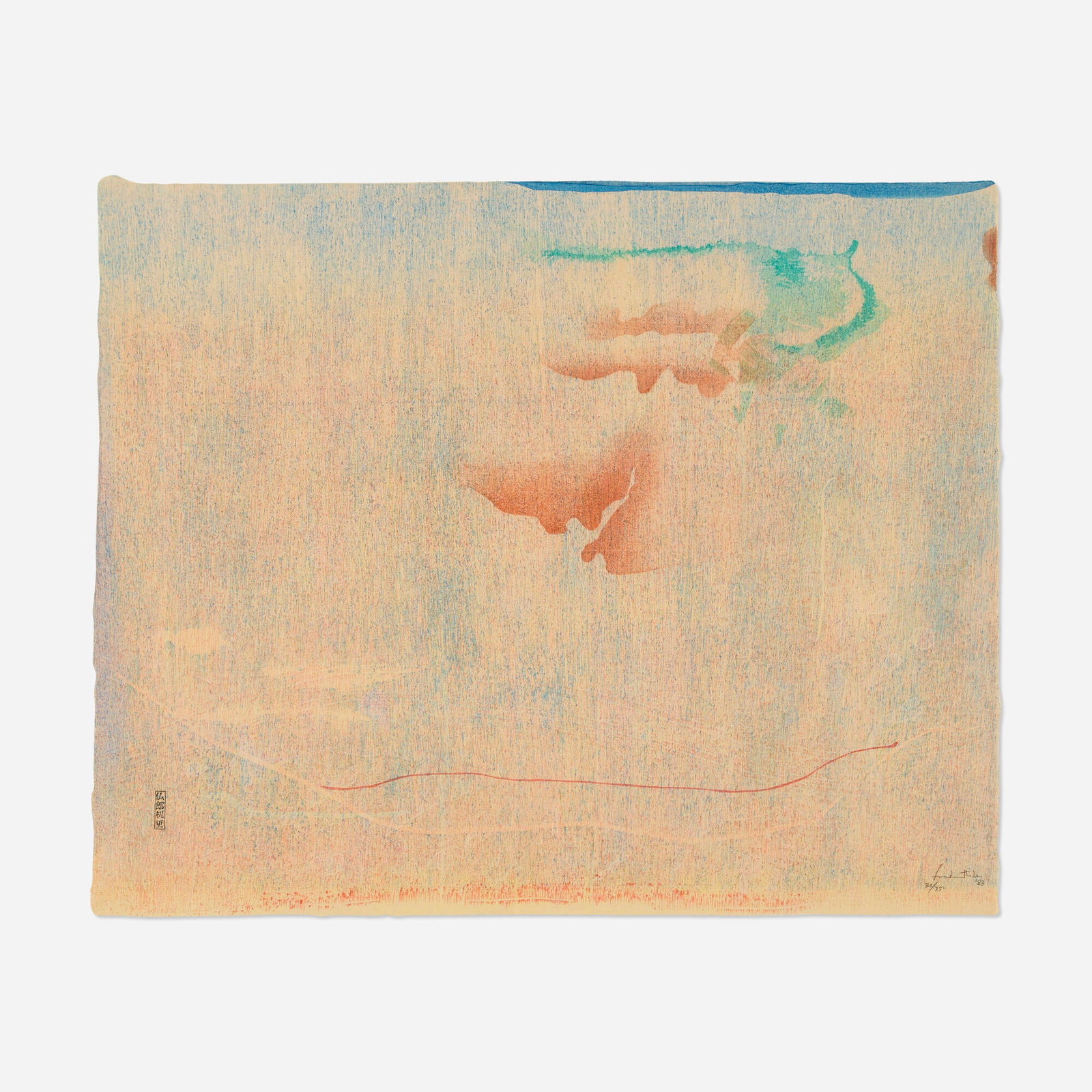 Helen Frankenthaler, Cedar Hill: Helen Frankenthaler Cedar Hill 1983 woodcut in colors on light pink Mingei Momo 20 h x 25 w in (51 x 63 cm) Signed, dated, and numbered to lower right 'Helen Frankenthaler 30/75 '83'.