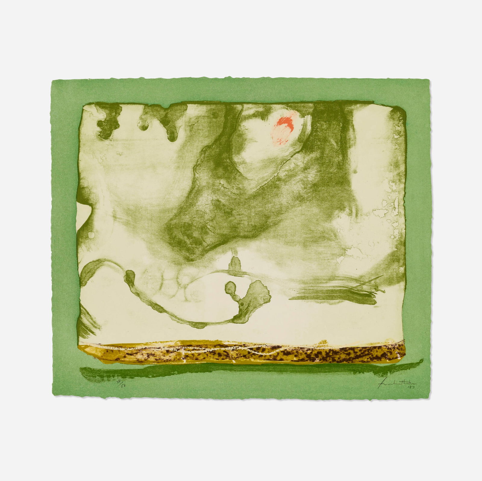 Helen Frankenthaler, Tiger's Eye: Helen Frankenthaler Tiger's Eye 1987 etching, aquatint, lithograph and screenprint in colors on HMP handmade image: 16 h x 19.5 w in (41 x 50 cm) sheet: 18.75 h x 22.25 w in (48 x 57 cm) Sig