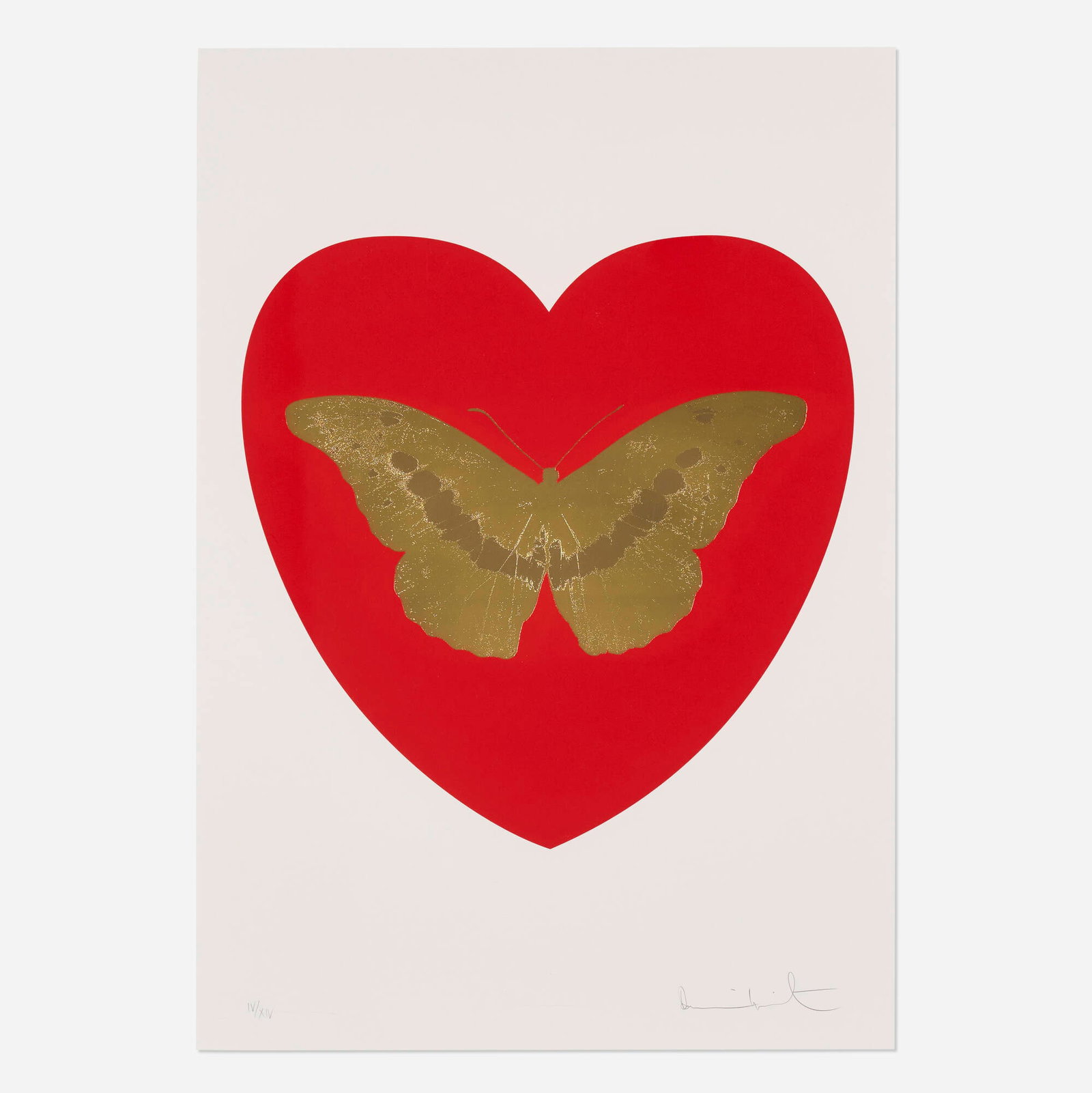 Damien Hirst, I Love You (Red/Oriental Gold/Cool Gold): Damien Hirst I Love You (Red/Oriental Gold/Cool Gold) 2015 screenprint in colors with gold leaf and foil block on Somerset Satin image: 24 h x 23.5 w in (61 x 60 cm) sheet: 39 h x 27 w in (99 x 69