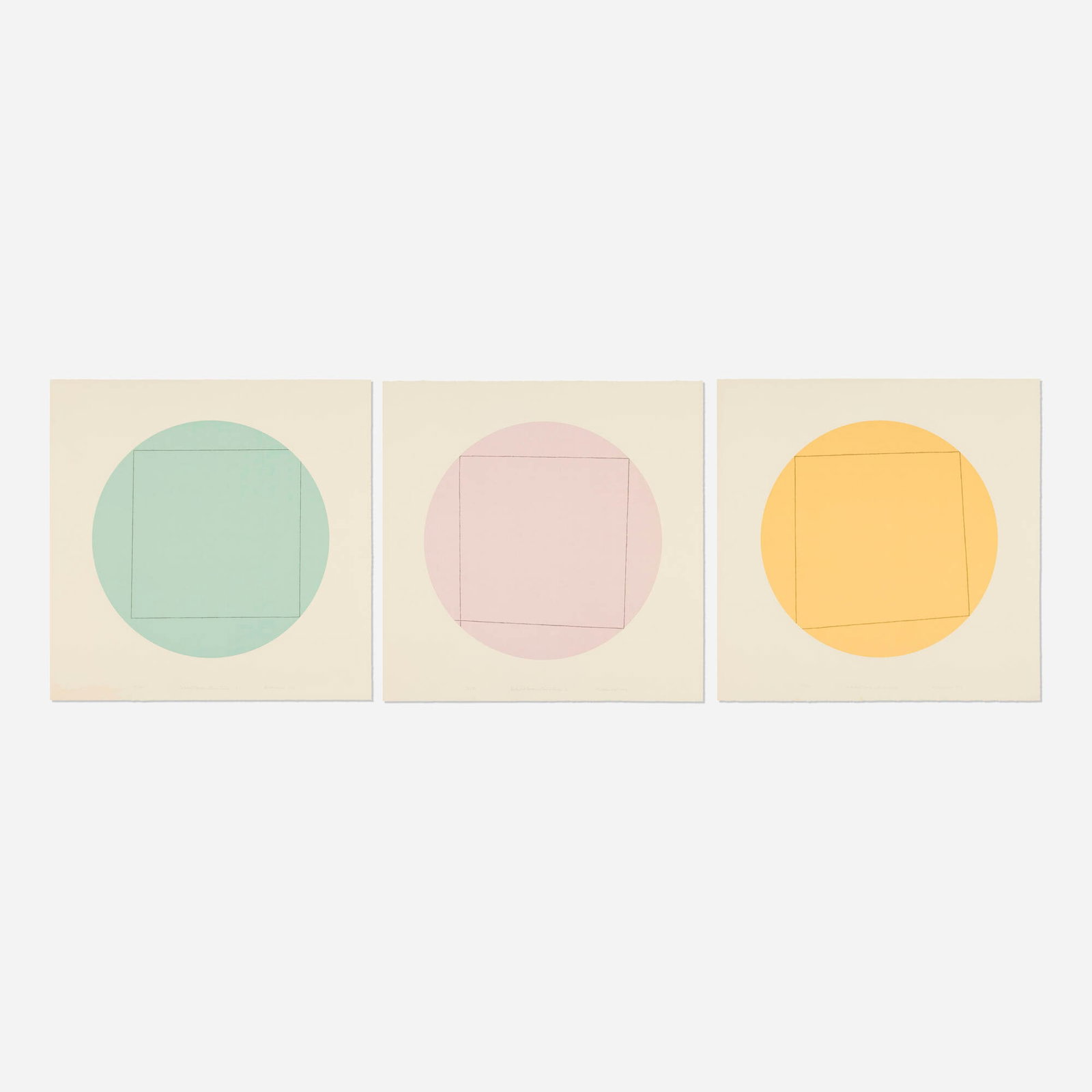 Robert Mangold, Distorted Square Within A Circle: Robert Mangold Distorted Square Within A Circle 1973 screenprint in colors image (each): 20 dia in (51 cm) sheet (each): 27.5 h x 27.625 w in (70 x 70 cm) Signed, titled, dated, and numbered