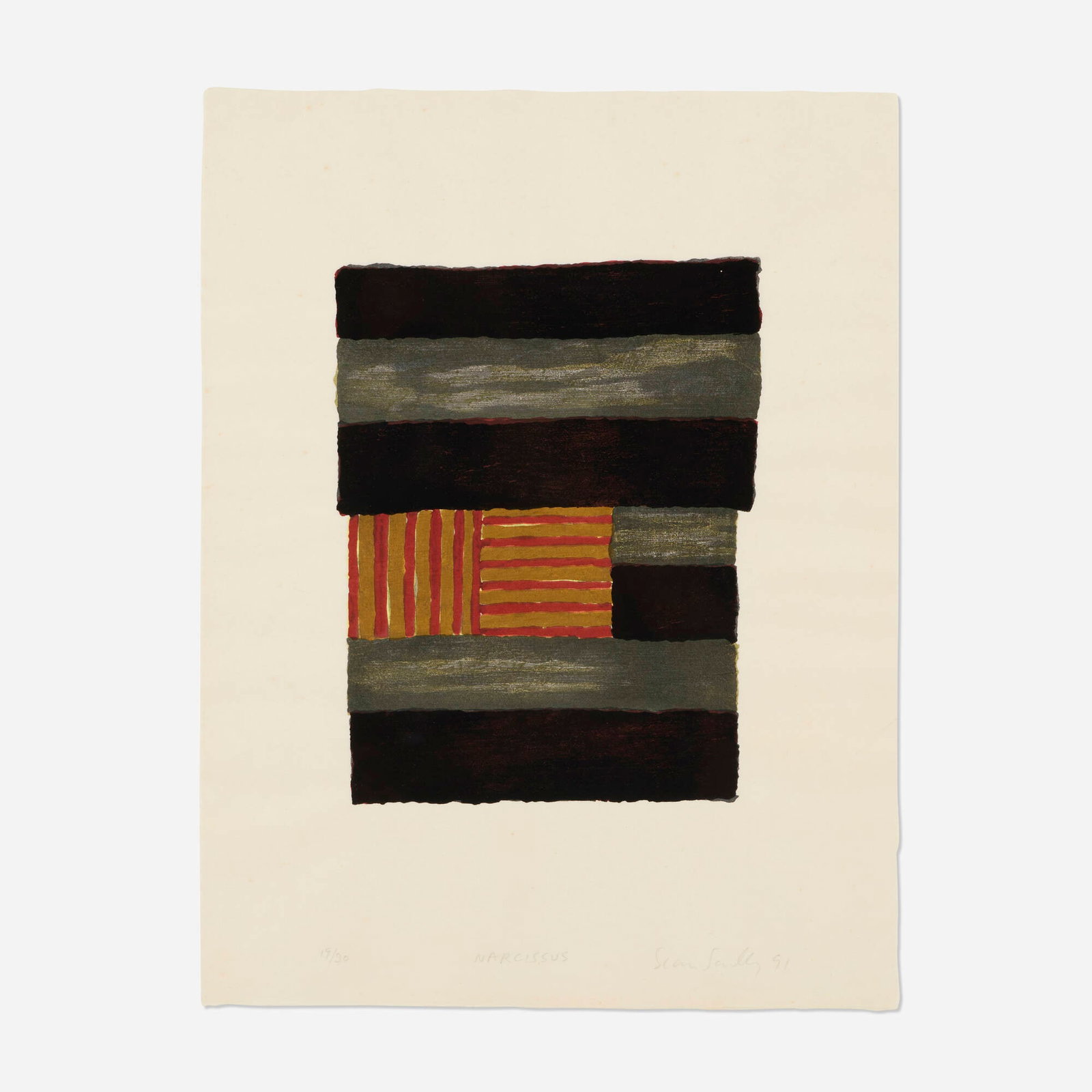 Sean Scully, Narcissus: Sean Scully Narcissus 1991 woodcut in colors on Fujiwara Awagami image: 11.25 h x 8.875 w in (29 x 23 cm) sheet: 18.75 h x 14.375 w in (48 x 37 cm) Signed, titled, dated, and numbered to low