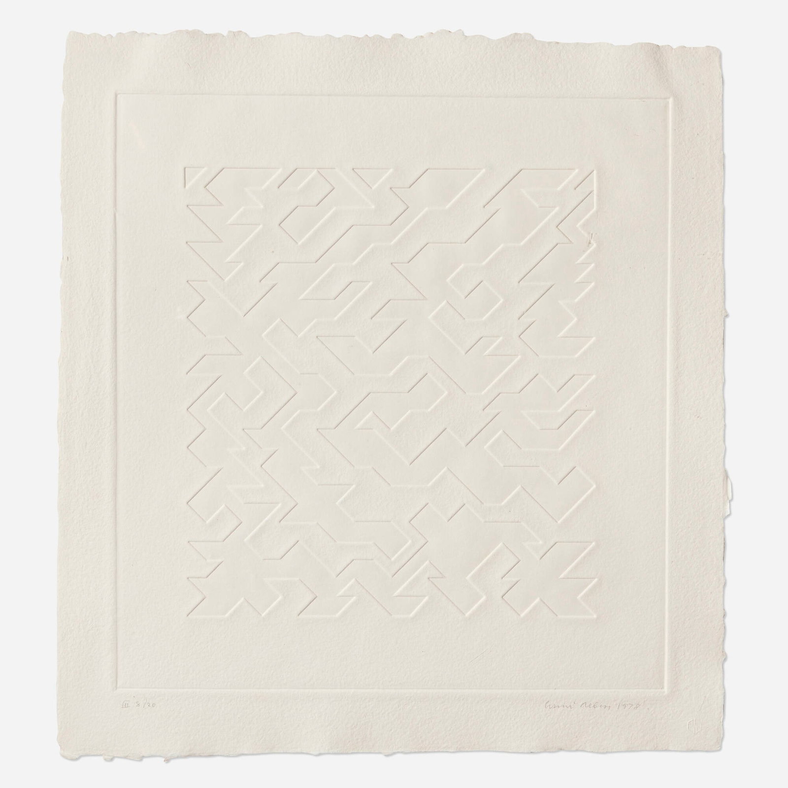 Anni Albers, Mountainous III: Anni Albers Mountainous III 1978 embossing on TGL handmade image: 18.25 h x 17 w in (46 x 43 cm) sheet: 22 h x 20.75 w in (56 x 53 cm) Signed, titled, dated, and numbered to lower edge 'III 8/20