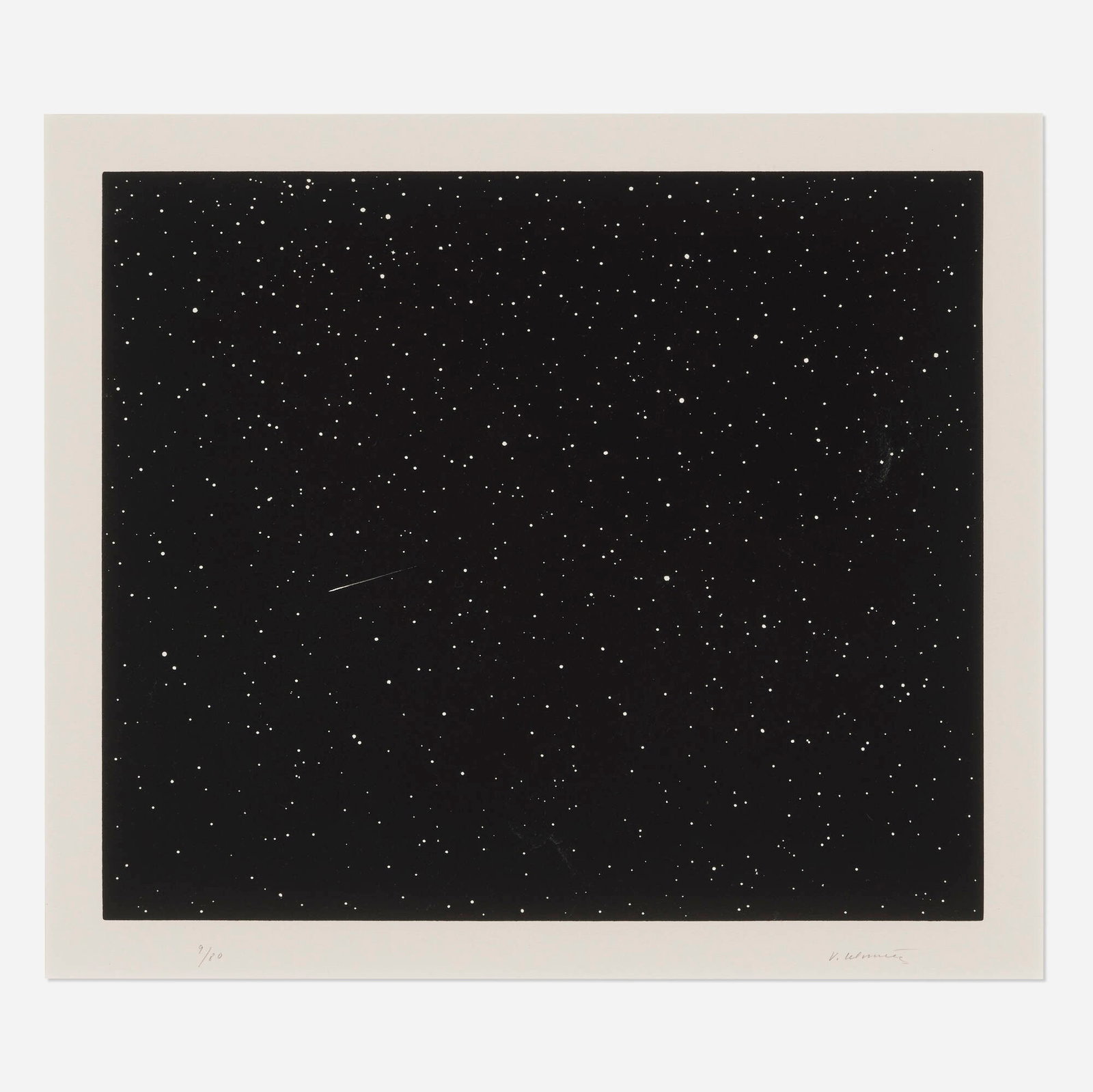 Vija Celmins, Comet (from the Skowhegan Suite 1992): Vija Celmins Comet (from the Skowhegan Suite 1992) 1992 linocut on Fabriano Tiepolo image: 14.25 h x 16.625 w in (36 x 42 cm) sight: 16.5 h x 19 w in (42 x 48 cm) Signed and numbered to lower edge