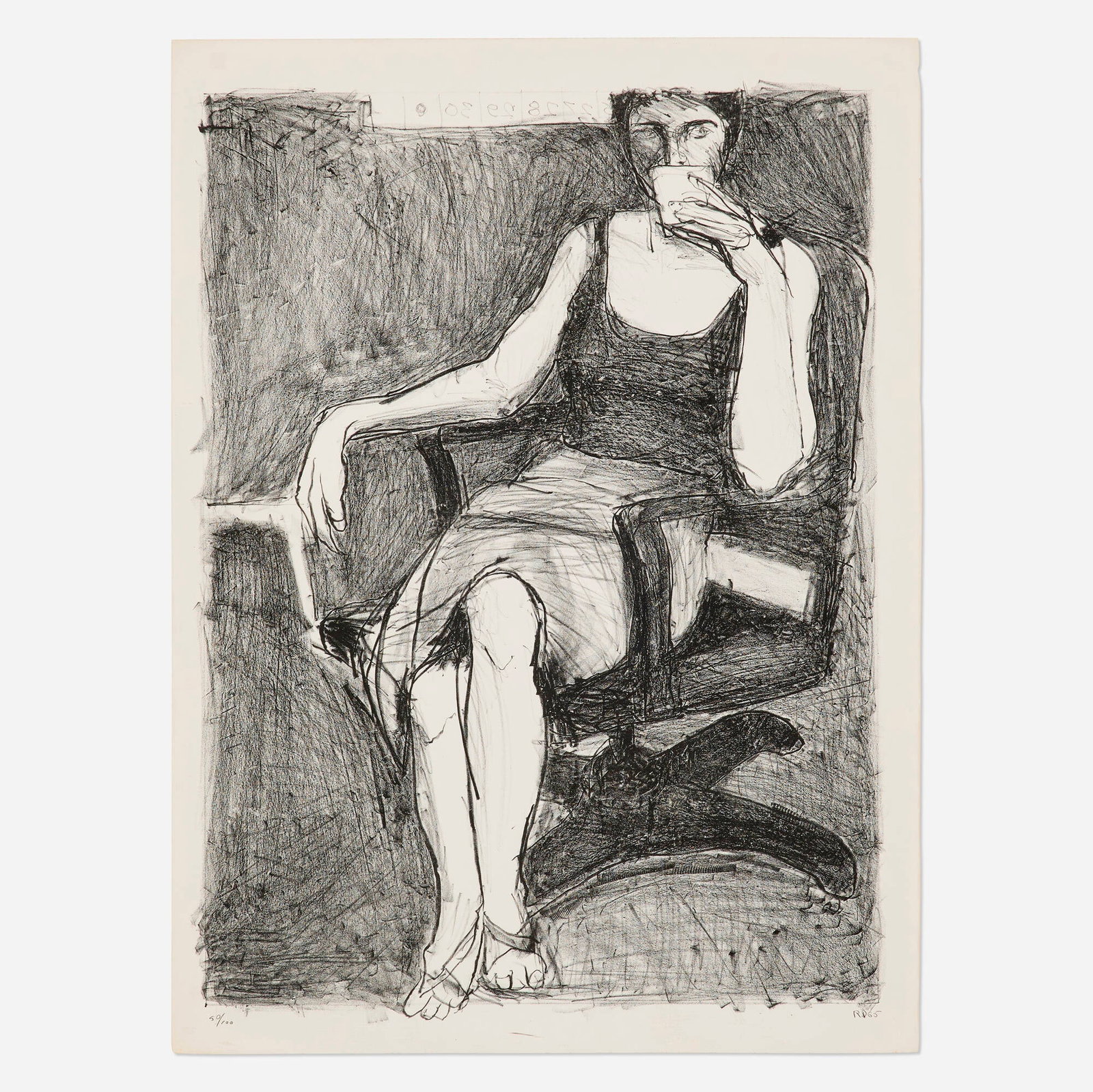 Richard Diebenkorn, Seated Woman Drinking from a Cup: Richard Diebenkorn Seated Woman Drinking from a Cup 1965 lithograph image: 28 h x 20.5 w in (71 x 52 cm) sheet: 30 h x 22 w in (76 x 56 cm) Signed, dated, and numbered to lower edge '50/100 DB