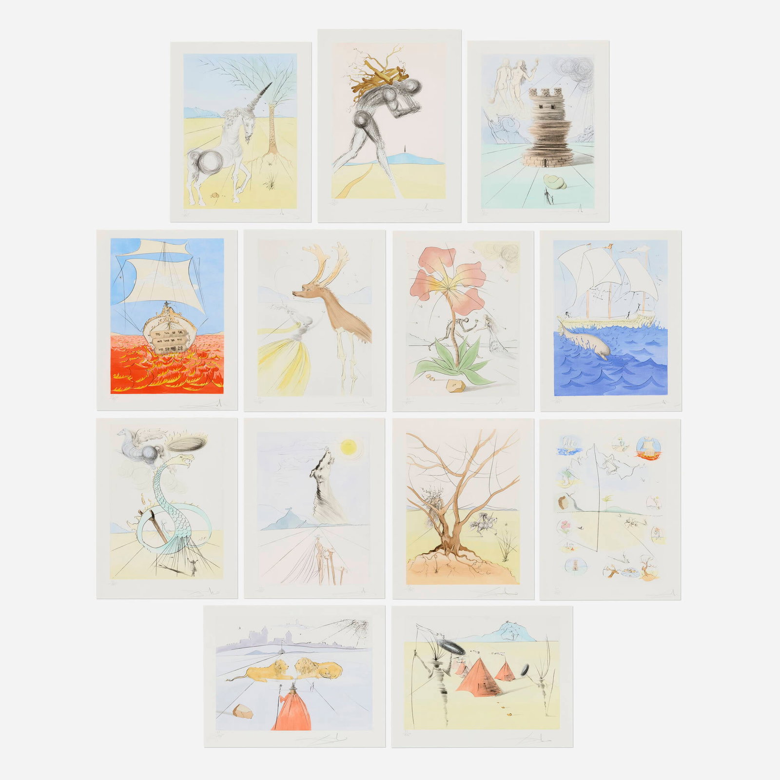 Salvador Dali, The Twelve Tribes of Israel: Salvador Dali The Twelve Tribes of Israel 1973 etching with pochoir in colors on BFK Rives Signed and dated to lower edge of each work '22/195 Dali'. This complete set of thirteen works is