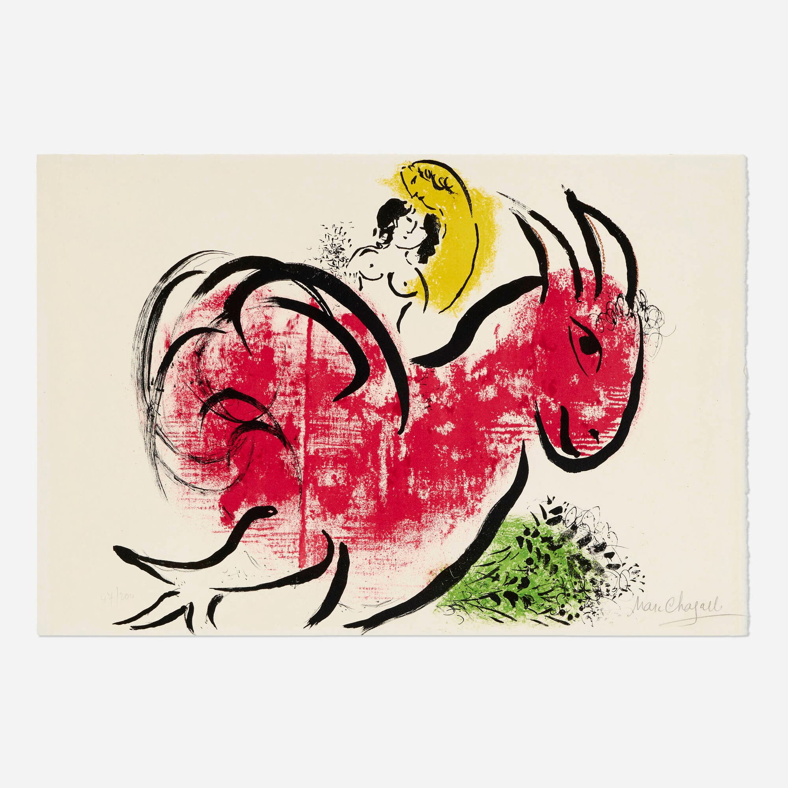 Marc Chagall, Le coq rouge: Marc Chagall Le coq rouge 1952 lithograph in colors 14.75 h x 21.625 w in (37 x 55 cm) Signed and numbered to lower edge '47/200 Marc Chagall'. This work is number 47 from the edition of