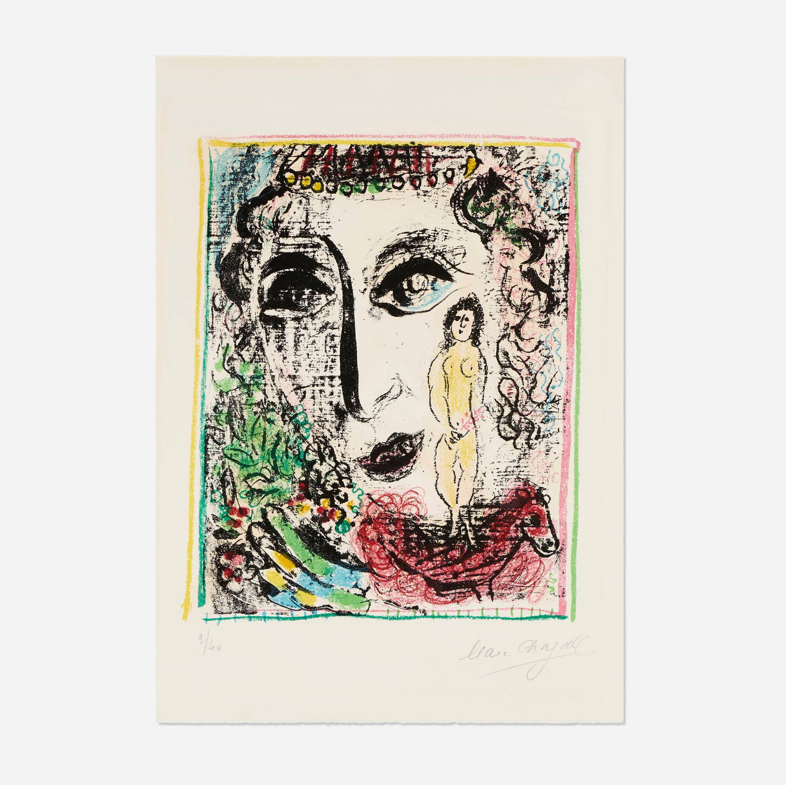 Marc Chagall, L'apparition au cirque: Marc Chagall L'apparition au cirque 1963 lithograph in colors on Arches image: 13 h x 10.625 w in (33 x 27 cm) sheet: 18 h x 12.625 w in (46 x 32 cm) Signed and numbered to lower edge '9/40 Marc