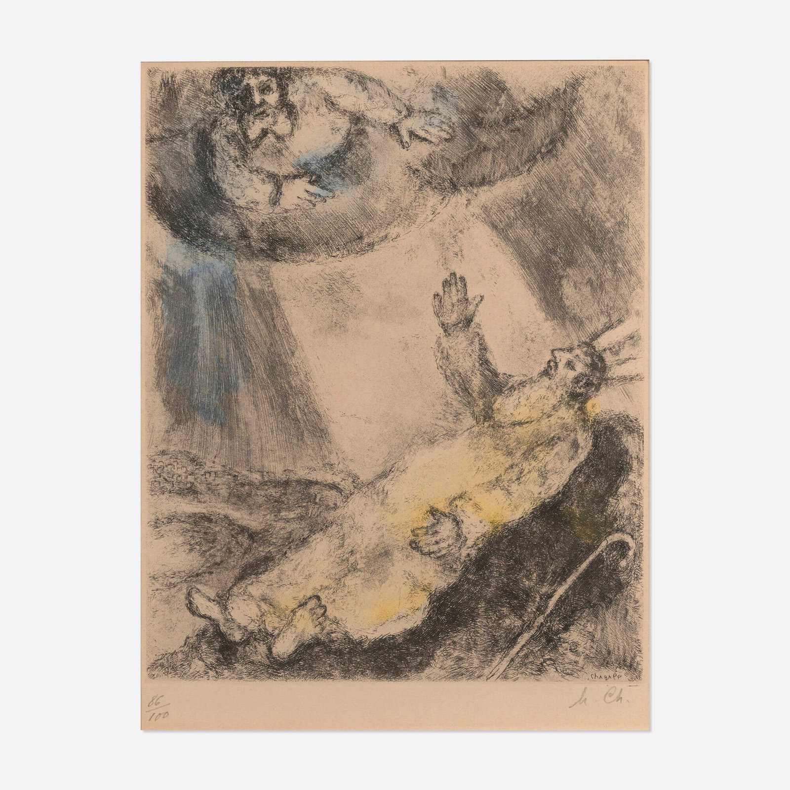 Marc Chagall, Mort de Moise (from La Bible series): Marc Chagall Mort de Moise (from La Bible series) 1931-39 etching and aquatint with hand-coloring on Arches image: 12 h x 9.625 w in (30 x 24 cm) sheet: 19.375 h x 15.25 w in (49 x 39 cm) Signed and