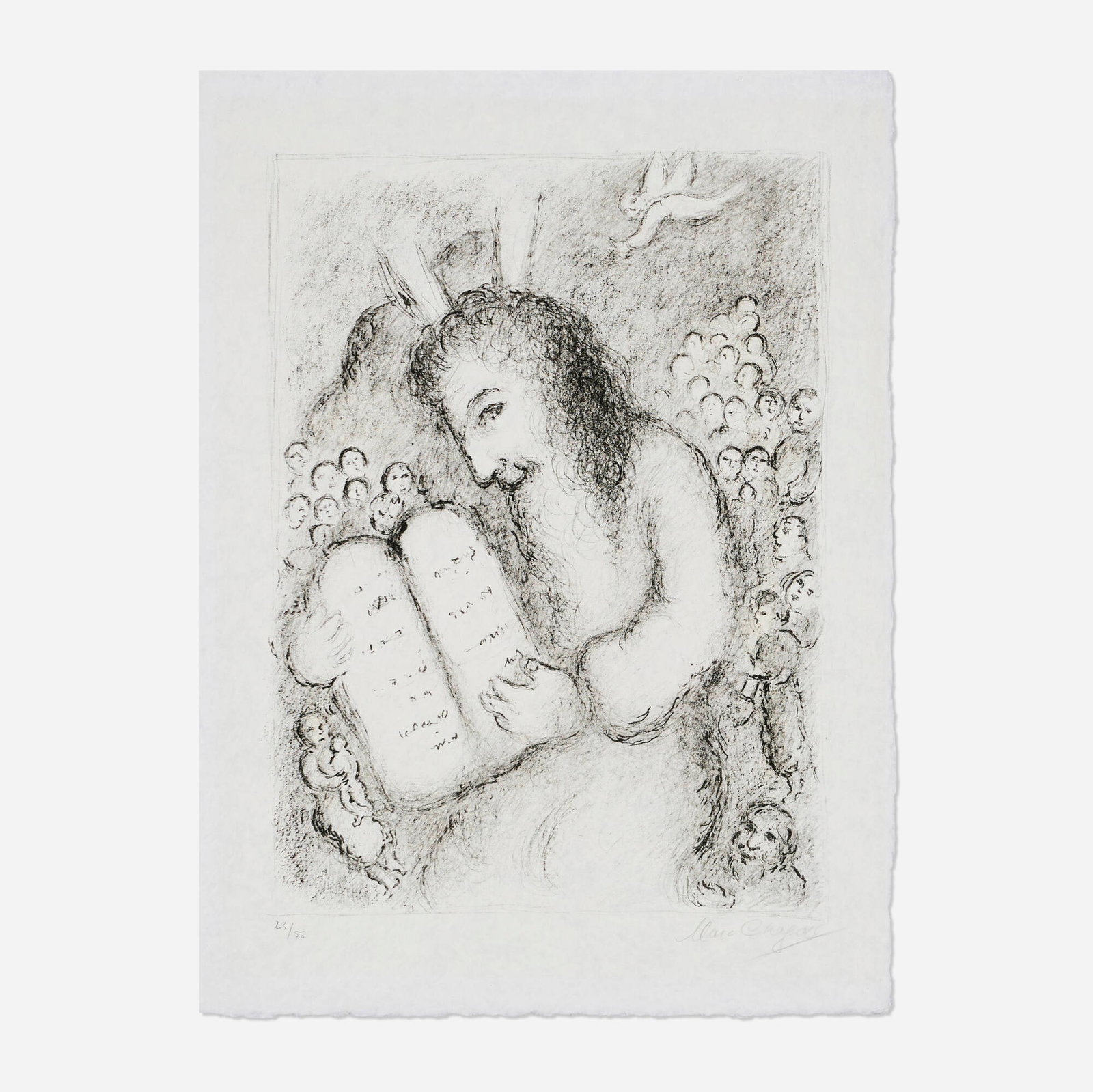Marc Chagall, Moses: Marc Chagall Moses 1979 lithograph in colors on Japon nacre image: 20.25 h x 14.875 w in (51 x 38 cm) sheet: 25 h x 18.5 w in (63 x 47 cm) Signed and numbered to lower edge '23/50 Marc