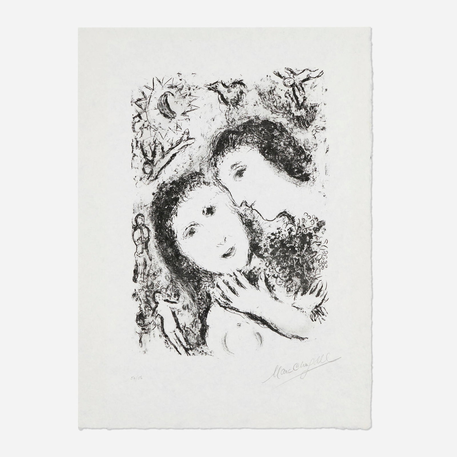 Marc Chagall, Le couple aux anges: Marc Chagall Le couple aux anges 1979 lithograph on Japon nacre image: 17.875 h x 12.25 w in (45 x 31 cm) sheet: 25.25 h x 18.625 w in (64 x 47 cm) Signed and numbered to lower edge '