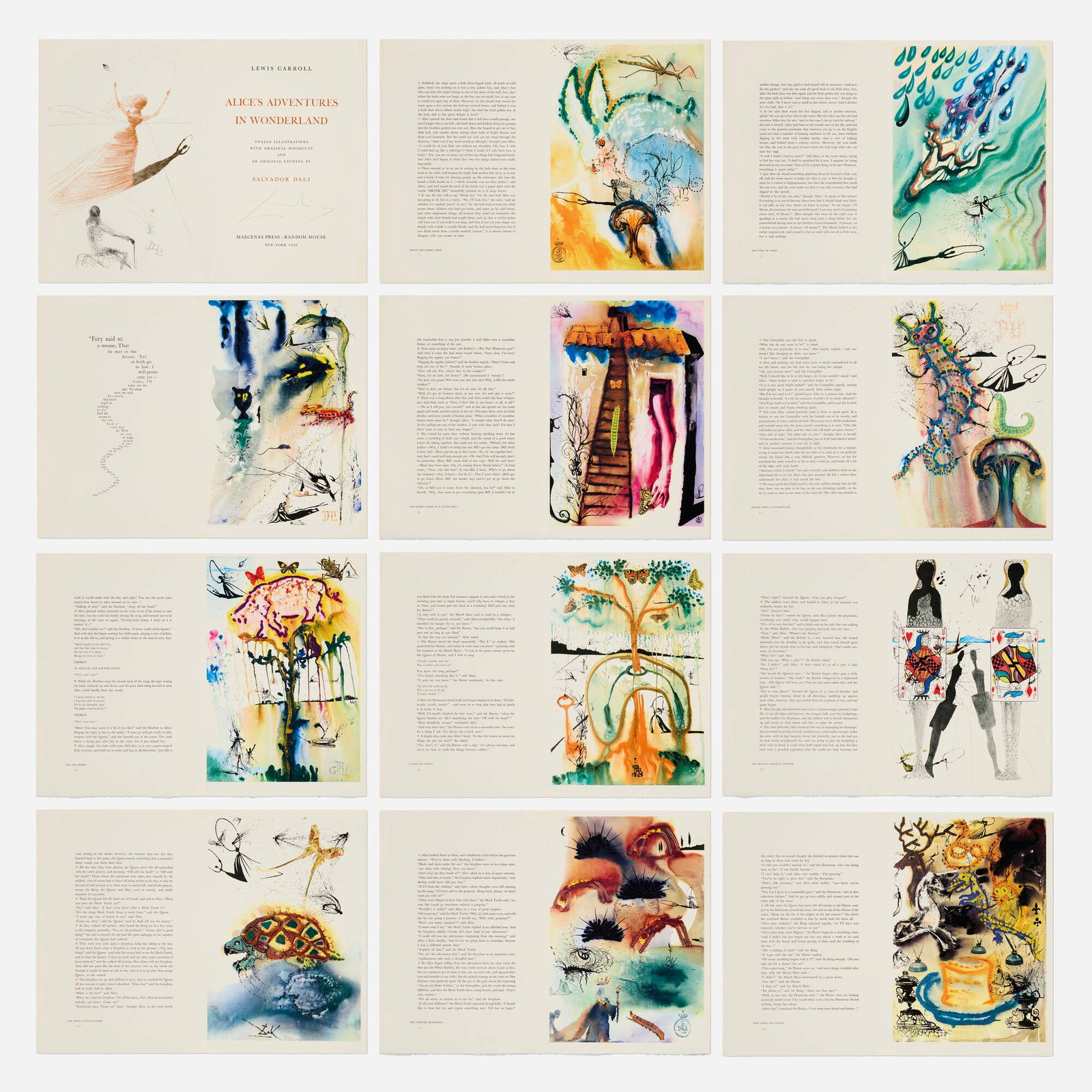 Salvador Dali, Alice's Adventures in Wonderland: Salvador Dali Alice's Adventures in Wonderland 1969 etching in colors on Mandeure; heliogravure in colors on Mandeure sheet open (each): 16.875 h x 22.75 w in (43 x 58 cm) sheet closed (each): 16.8