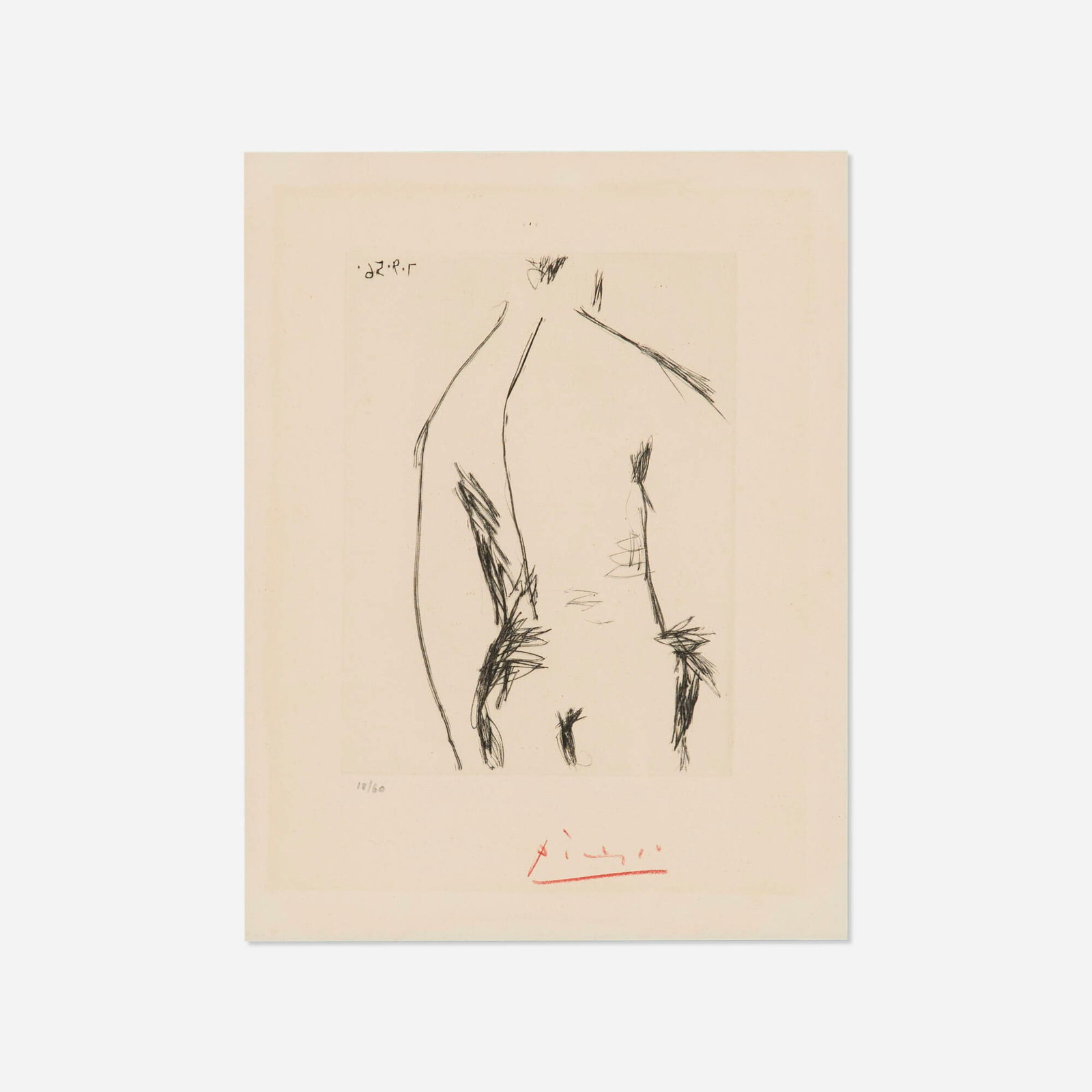 Pablo Picasso, Dos d'homme: Pablo Picasso Dos d'homme 1956 drypoint on BFK Rives image: 7.75 h x 6.875 w in (20 x 17 cm) sheet: 19.625 h x 13 w in (50 x 33 cm) Signed and numbered to lower edge '18/60 Picasso'