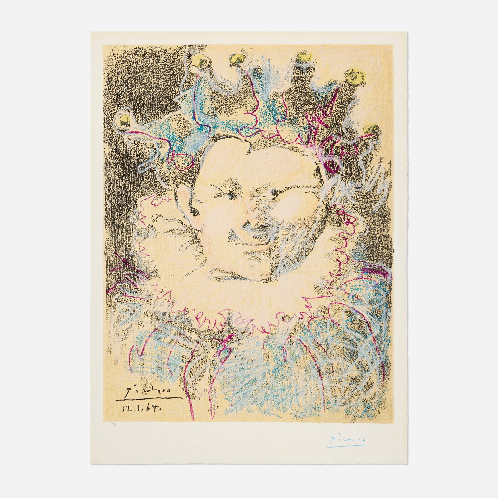 After Pablo Picasso, Tete de Bouffon: After Pablo Picasso Tete de Bouffon 1964 lithograph in colors on BFK Rives image: 25.25 h x 19.5 w in (64 x 50 cm) sheet: 29 h x 21.375 w in (74 x 54 cm) Signed and numbered to lower edge &#