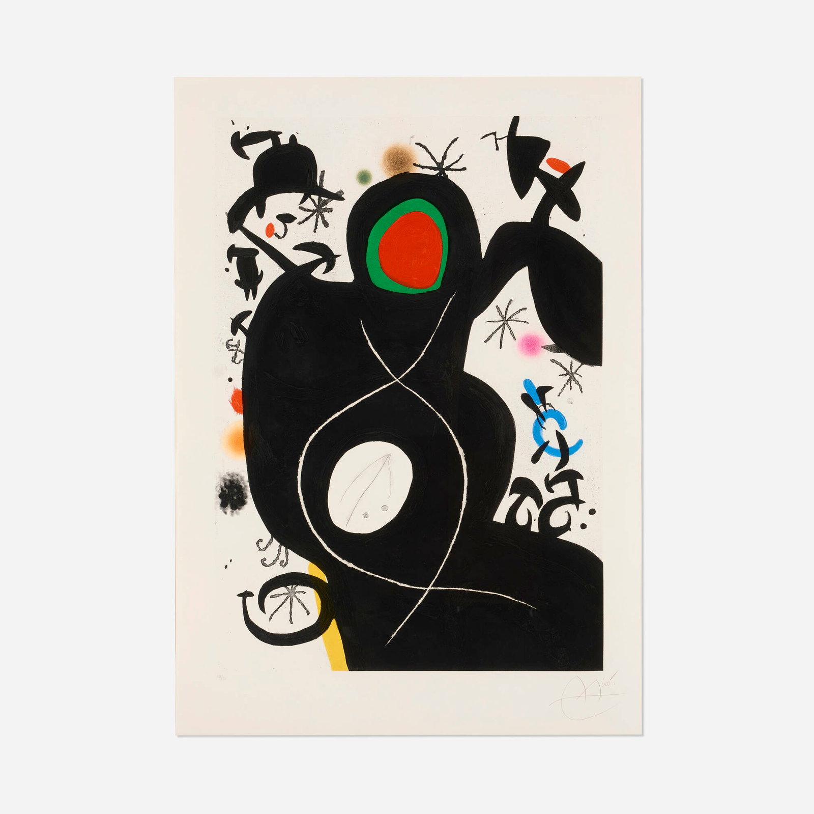 Joan Miro, L'aueugle parmis les oiseaux: Joan Miro L'aueugle parmis les oiseaux 1978 etching and aquatint with carborundum in colors on Arches image: 42 h x 29.5 w in (107 x 75 cm) sheet: 52.75 h x 37.75 w in (134 x 96 cm) Signed a