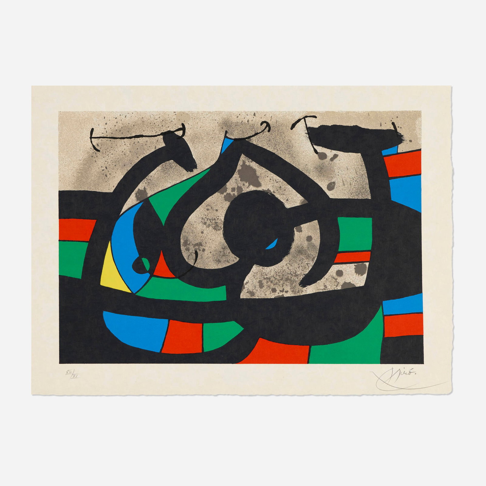Joan Miro, Untitled (from Le lezard aux plumes d'or series): Joan Miro Untitled (from Le lezard aux plumes d'or series) 1971 lithograph in colors on Kochi image: 13.125 h x 18.875 w in (33 x 48 cm) sheet: 16.125 h x 21.875 w in (41 x 56 cm) Signed and